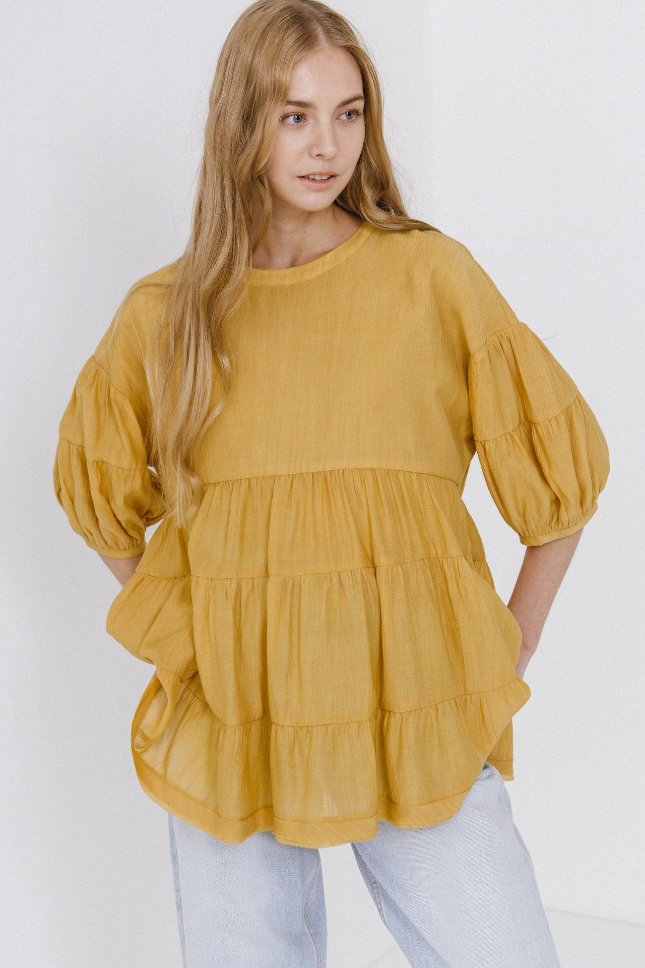FREE THE ROSES - Round Neck Tiered Flowy Blouse - TOPS available at Objectrare