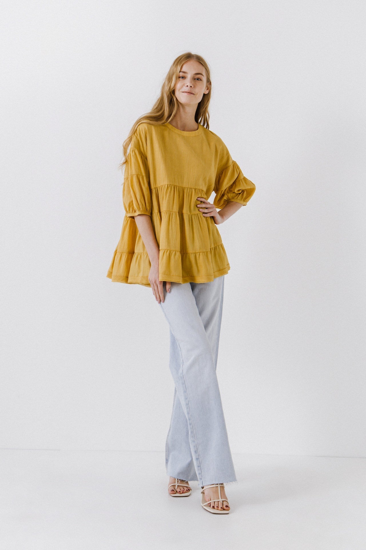 FREE THE ROSES - Round Neck Tiered Flowy Blouse - TOPS available at Objectrare