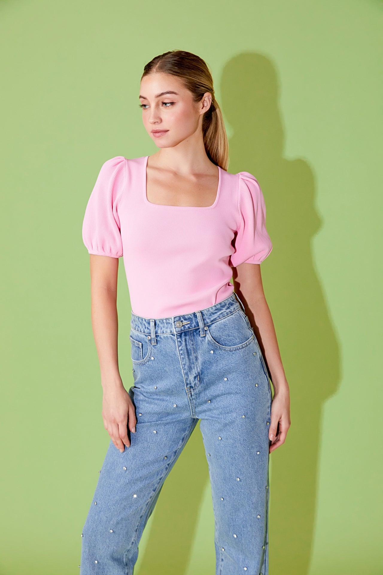 ENDLESS ROSE - Knit Square Neck Puff Top - TOPS available at Objectrare