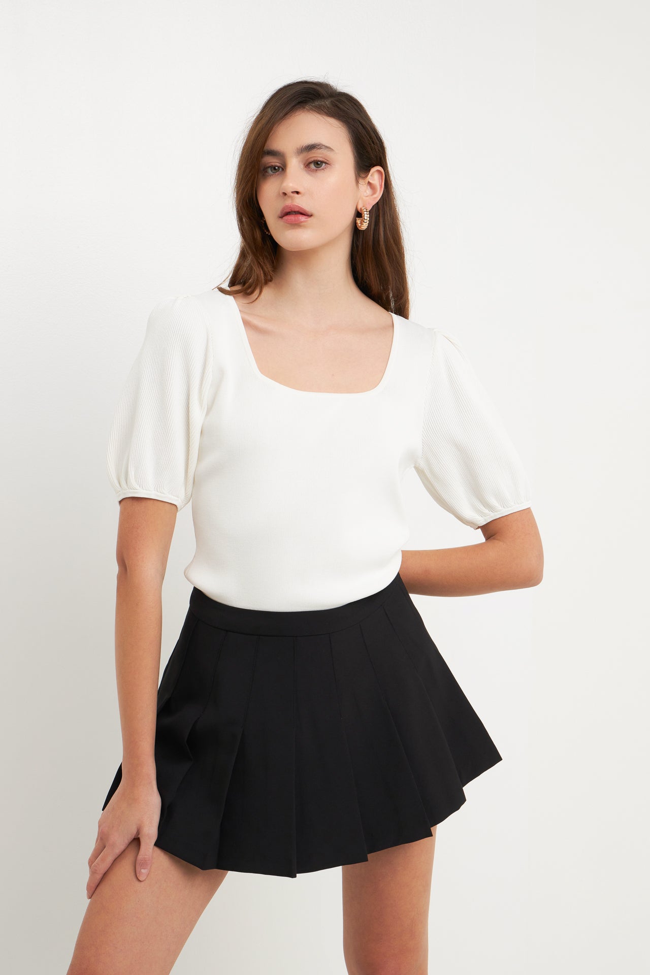 ENDLESS ROSE - Knit Square Neck Puff Top - TOPS available at Objectrare