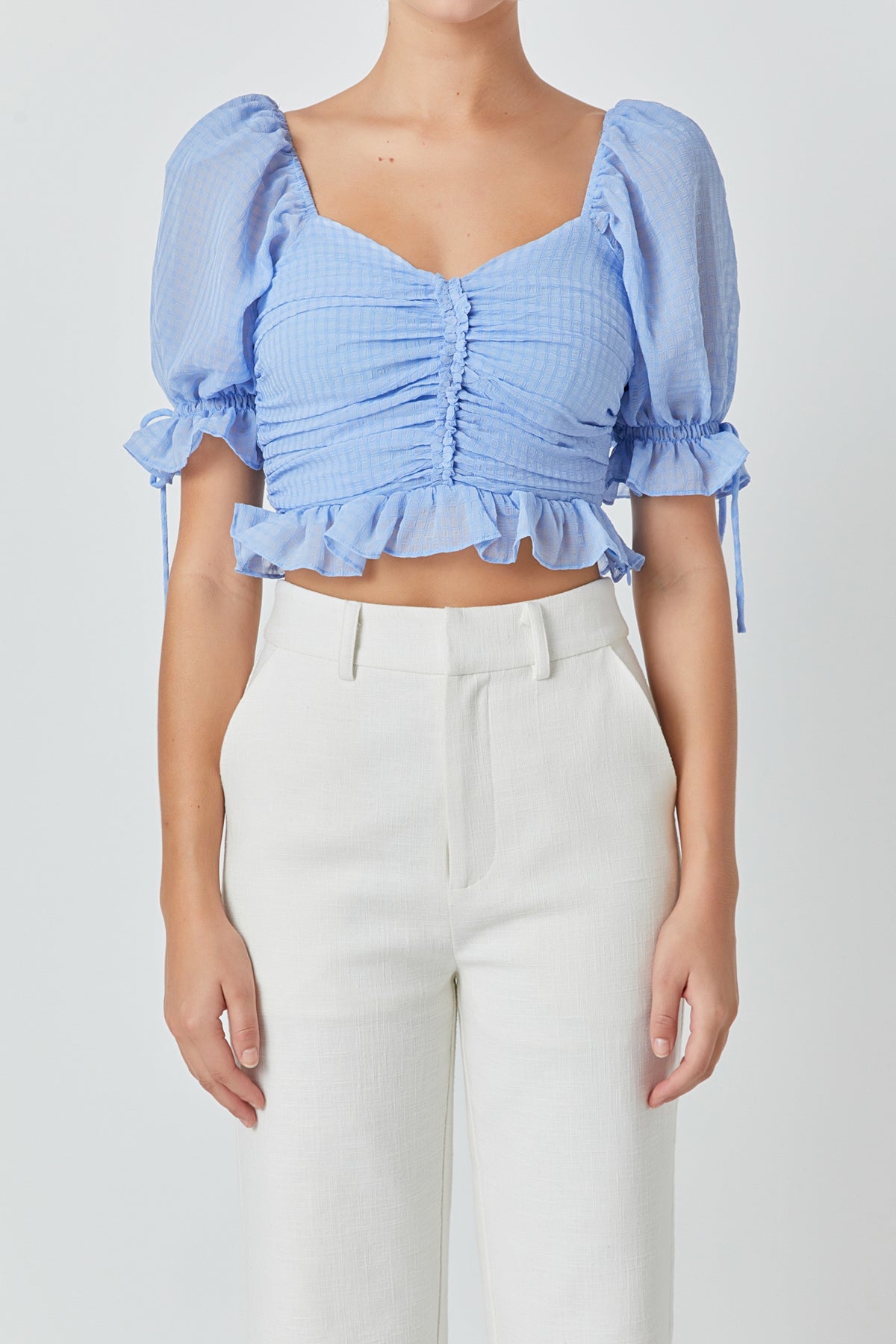 ENDLESS ROSE - Chiffon Gridded Gathered Top - TOPS available at Objectrare