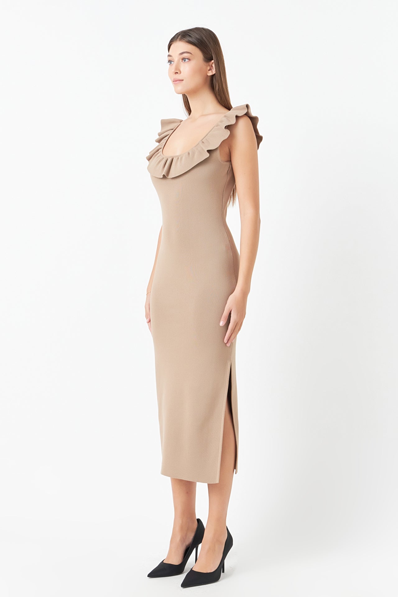 ENDLESS ROSE - Endless Rose - Ruffle Neckline Midi Slit Dress - DRESSES available at Objectrare
