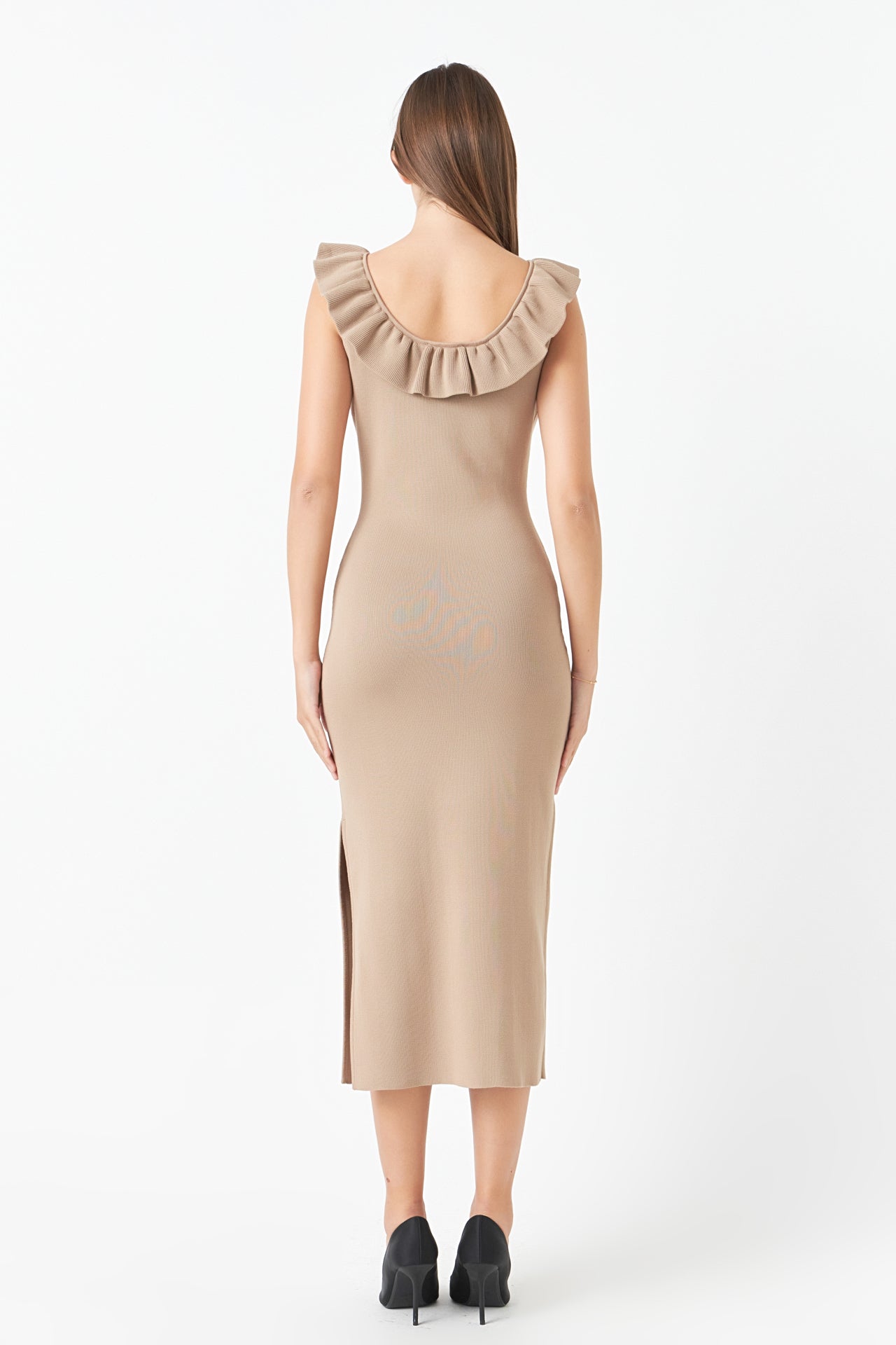 ENDLESS ROSE - Endless Rose - Ruffle Neckline Midi Slit Dress - DRESSES available at Objectrare