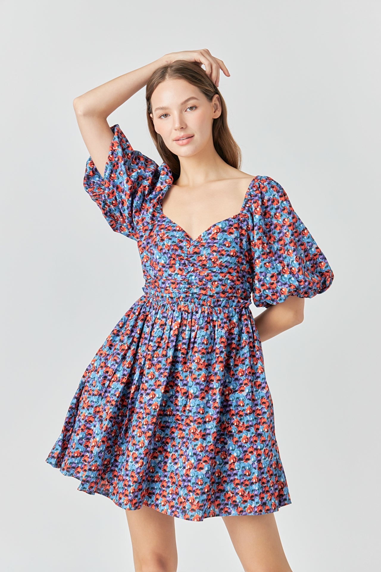 ENDLESS ROSE - Floral Ruched Poplin Mini Dress - DRESSES available at Objectrare
