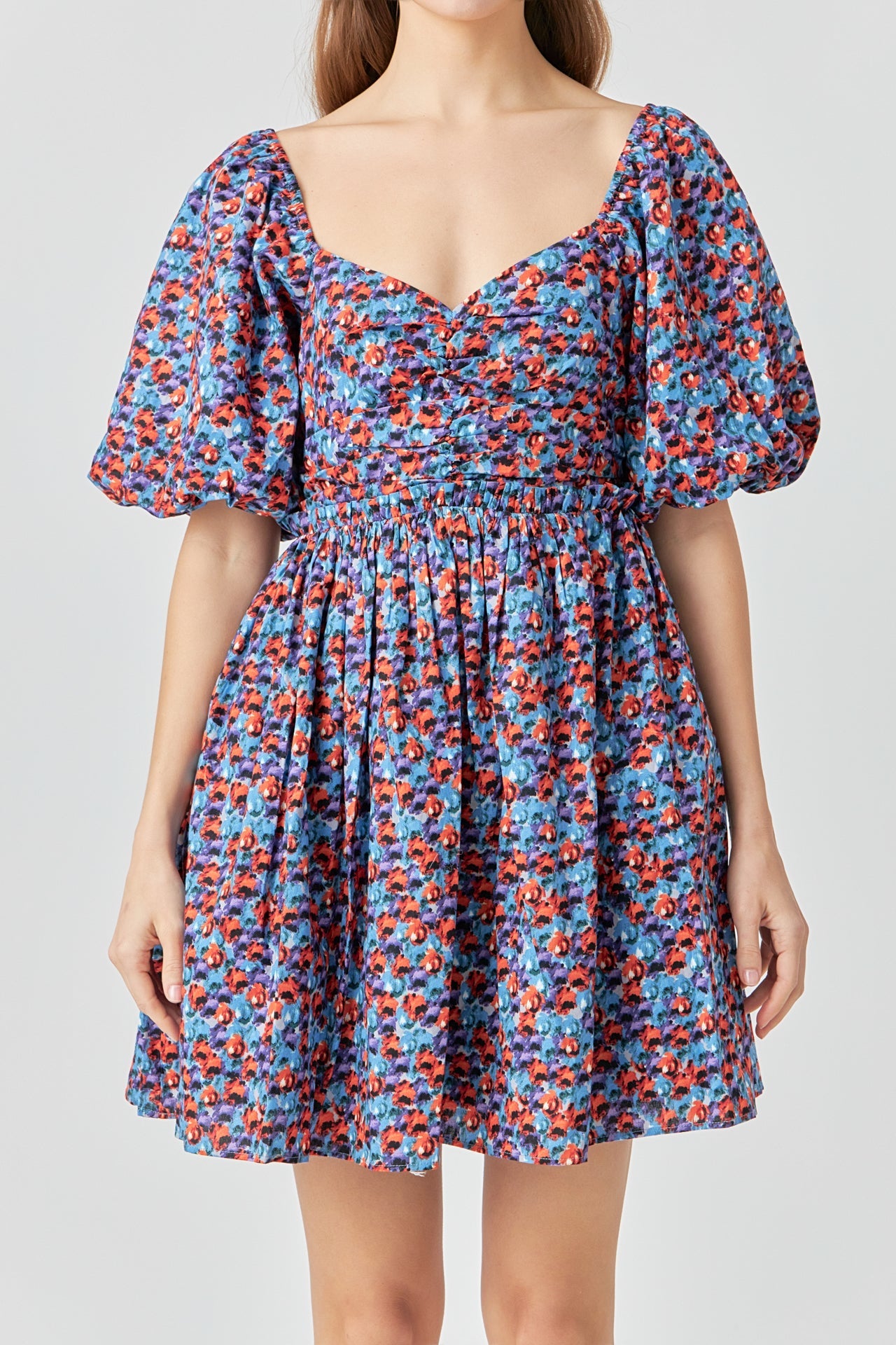ENDLESS ROSE - Floral Ruched Poplin Mini Dress - DRESSES available at Objectrare
