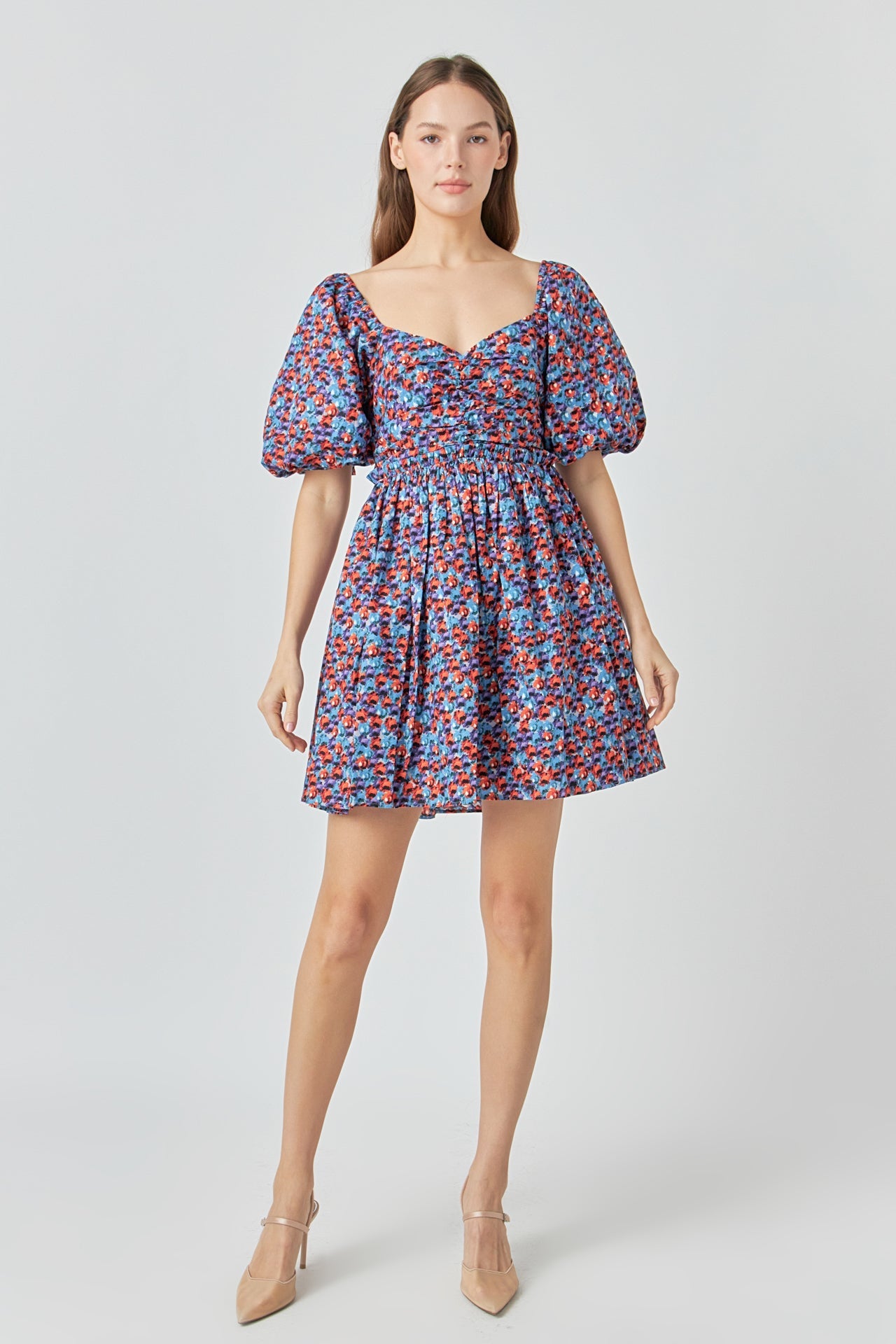 ENDLESS ROSE - Floral Ruched Poplin Mini Dress - DRESSES available at Objectrare