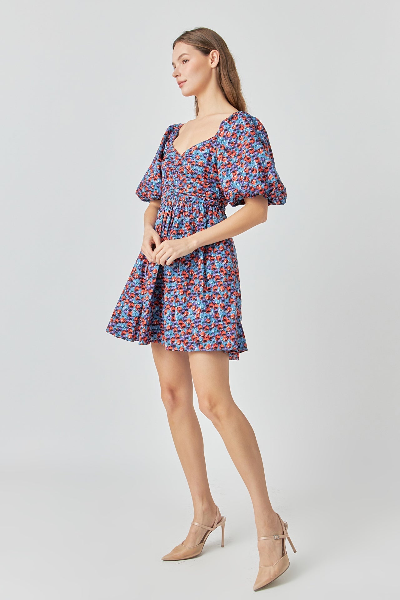 ENDLESS ROSE - Floral Ruched Poplin Mini Dress - DRESSES available at Objectrare