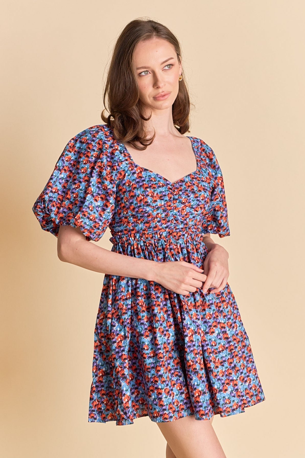 ENDLESS ROSE - Floral Ruched Poplin Mini Dress - DRESSES available at Objectrare