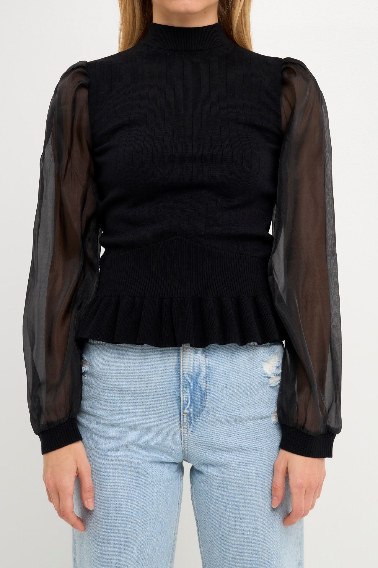 ENGLISH FACTORY - Sheer Sleeve Knit Top - TOPS available at Objectrare