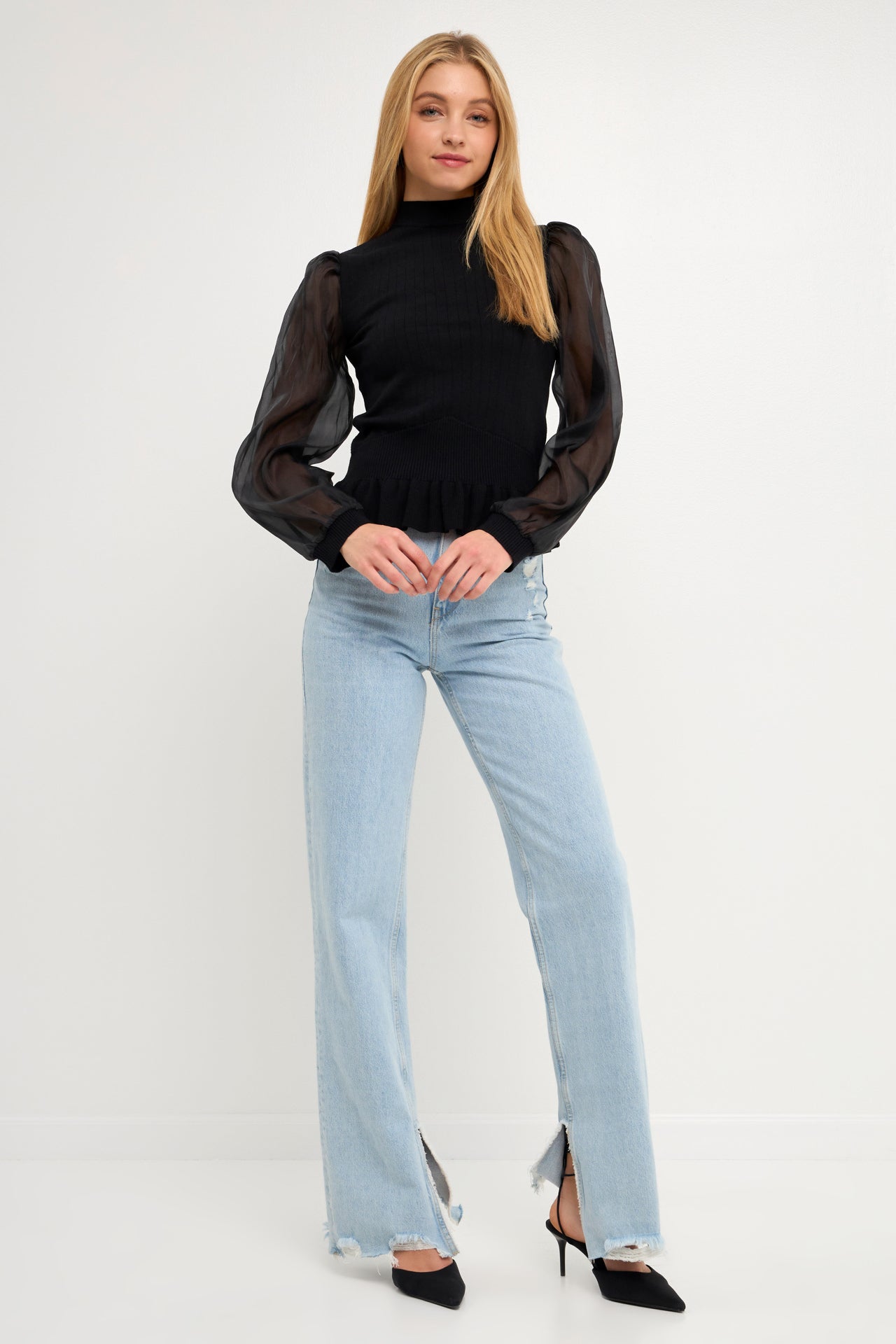 ENGLISH FACTORY - Sheer Sleeve Knit Top - TOPS available at Objectrare