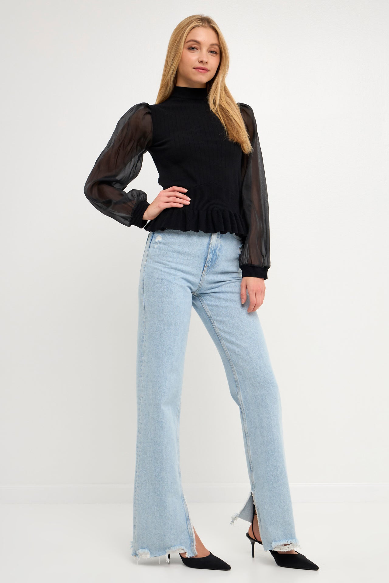 ENGLISH FACTORY - Sheer Sleeve Knit Top - TOPS available at Objectrare