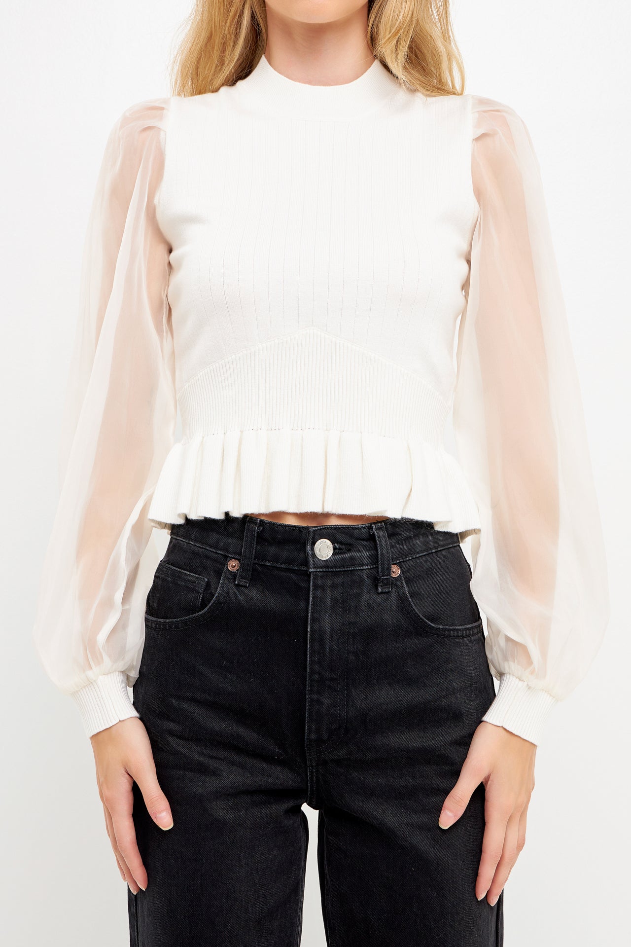ENGLISH FACTORY - Sheer Sleeve Knit Top - TOPS available at Objectrare
