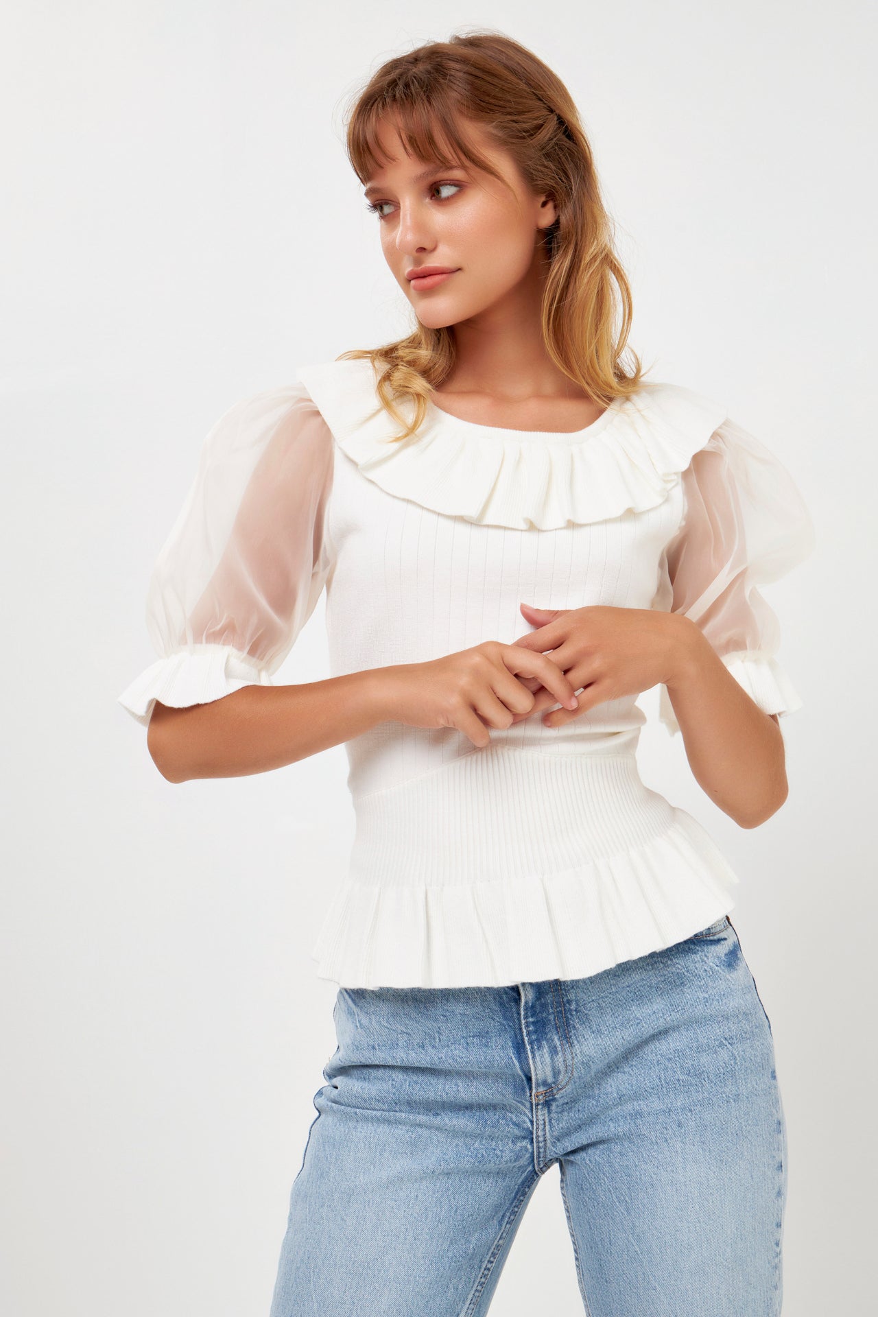 ENGLISH FACTORY - Organza Puff Sleeve Knit Top with Ruffled Neck - TOPS available at Objectrare