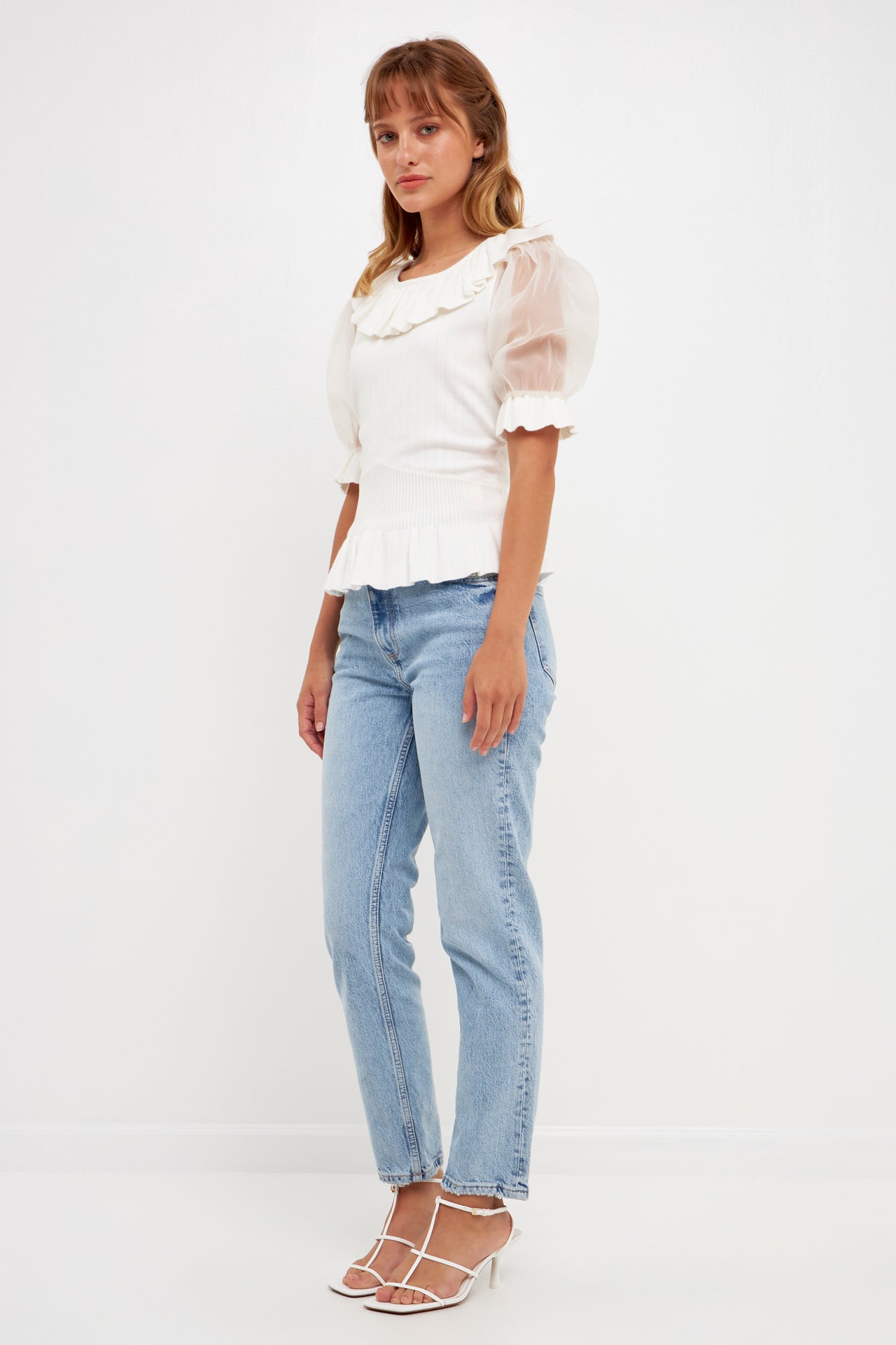 ENGLISH FACTORY - Organza Puff Sleeve Knit Top with Ruffled Neck - TOPS available at Objectrare
