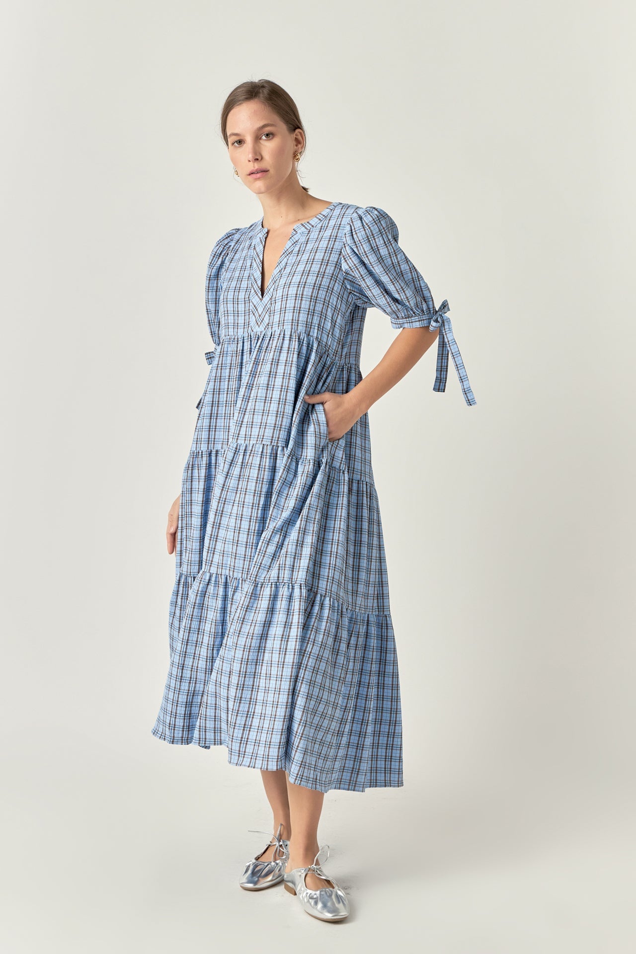 ENGLISH FACTORY - Gingham Tiered Dress with Bow-Tie Sleeves - DRESSES available at Objectrare