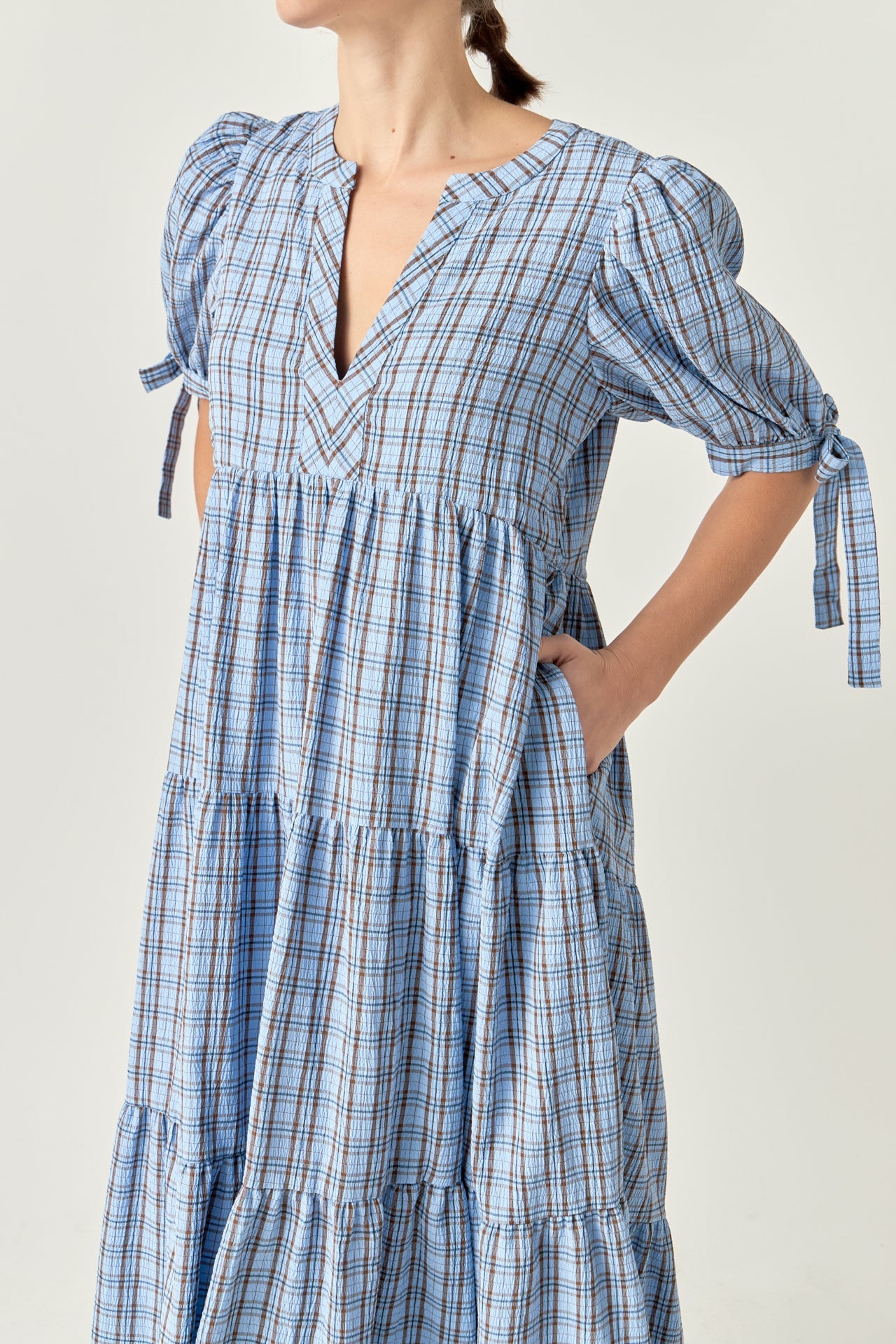 Gingham Tiered Dress with Bow-Tie Sleeves