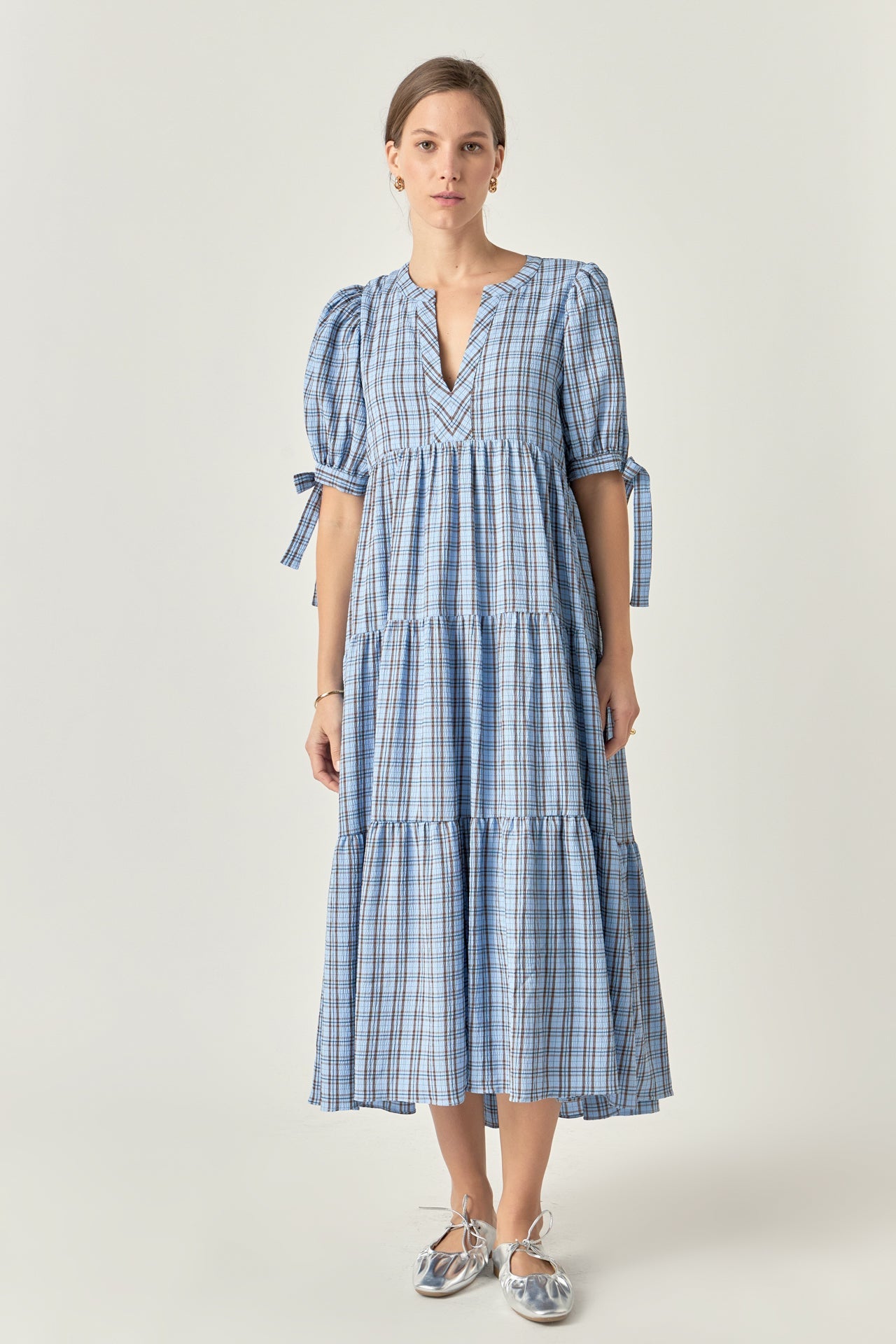 ENGLISH FACTORY - Gingham Tiered Dress with Bow-Tie Sleeves - DRESSES available at Objectrare
