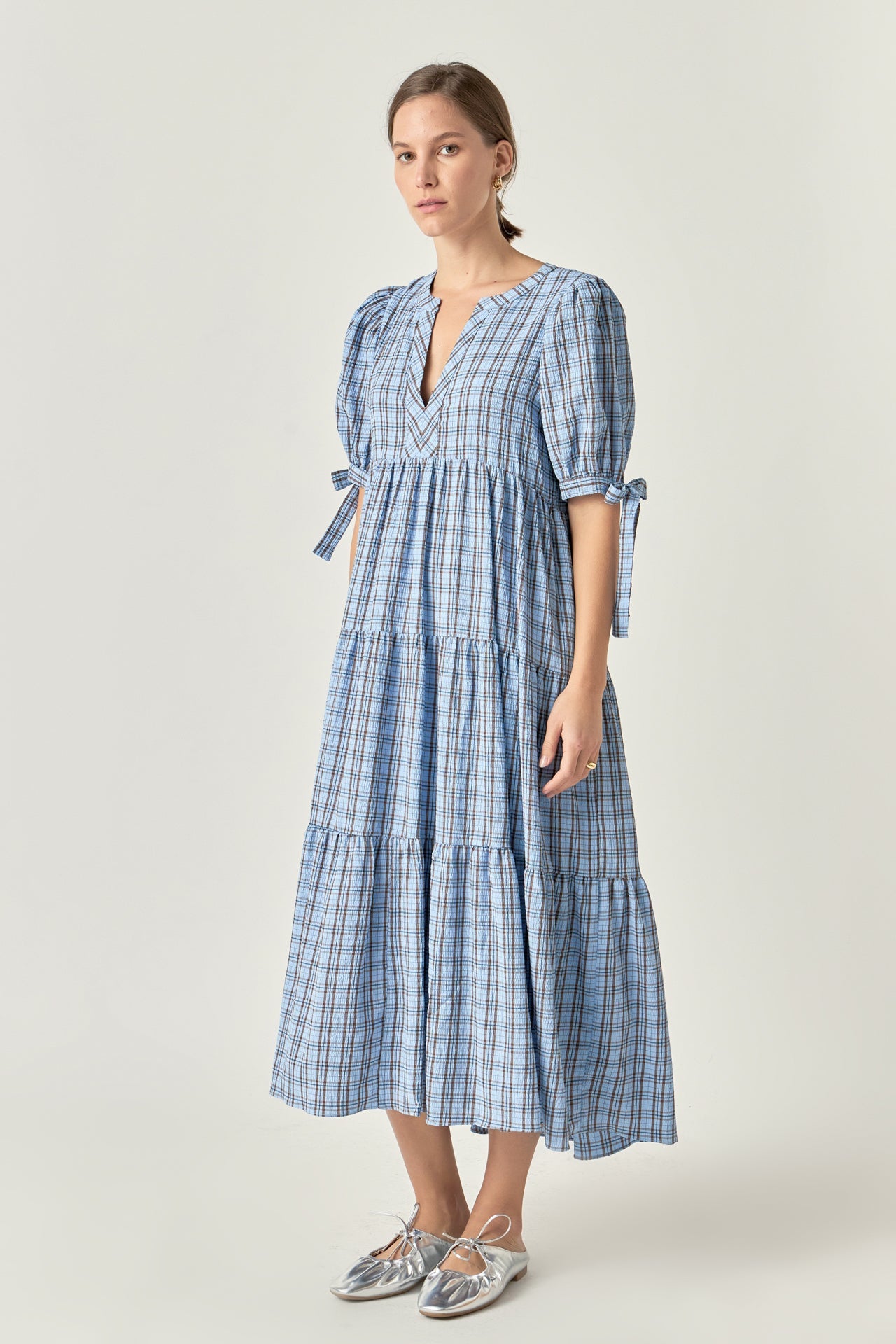 Gingham Tiered Dress with Bow-Tie Sleeves