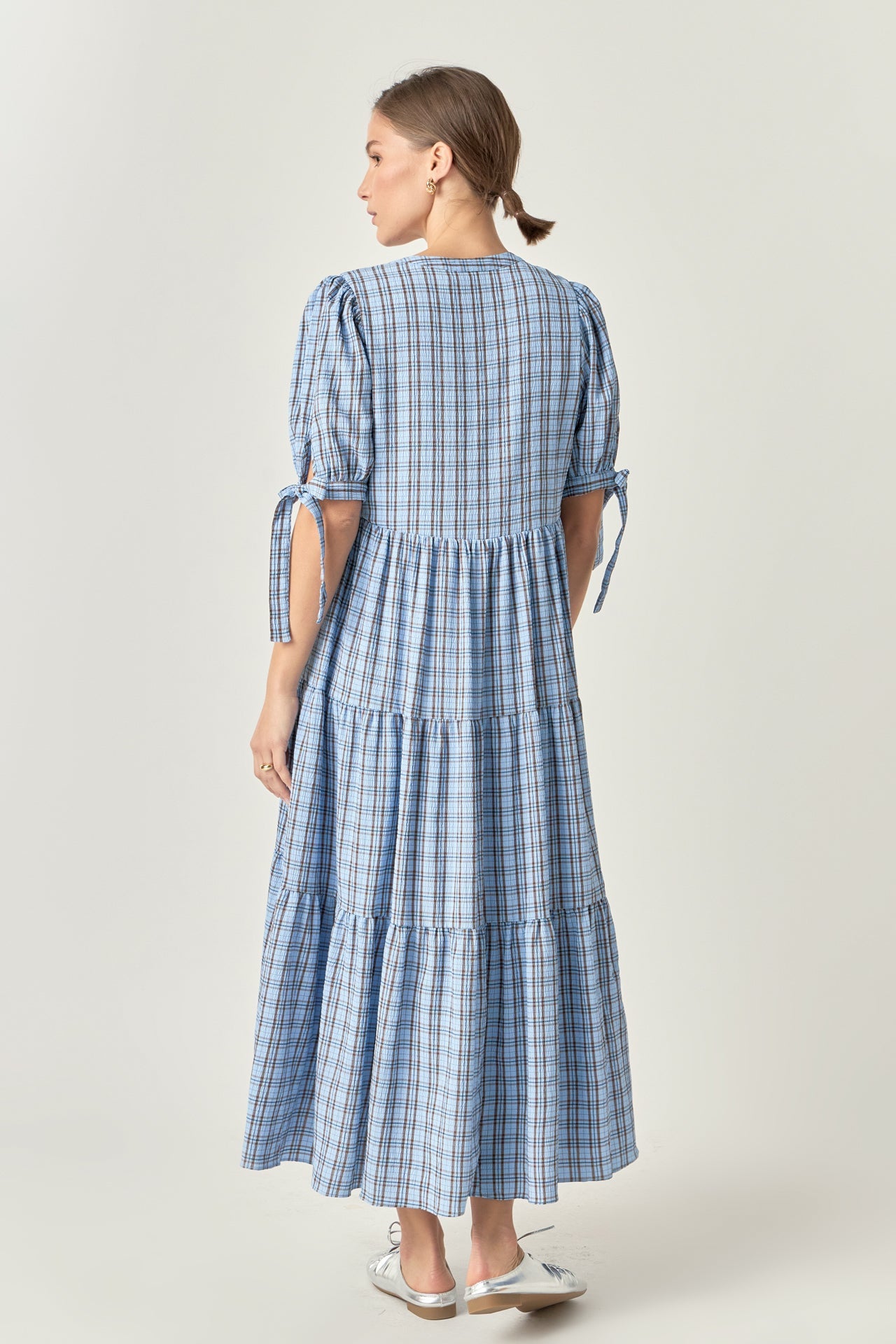 Gingham Tiered Dress with Bow-Tie Sleeves