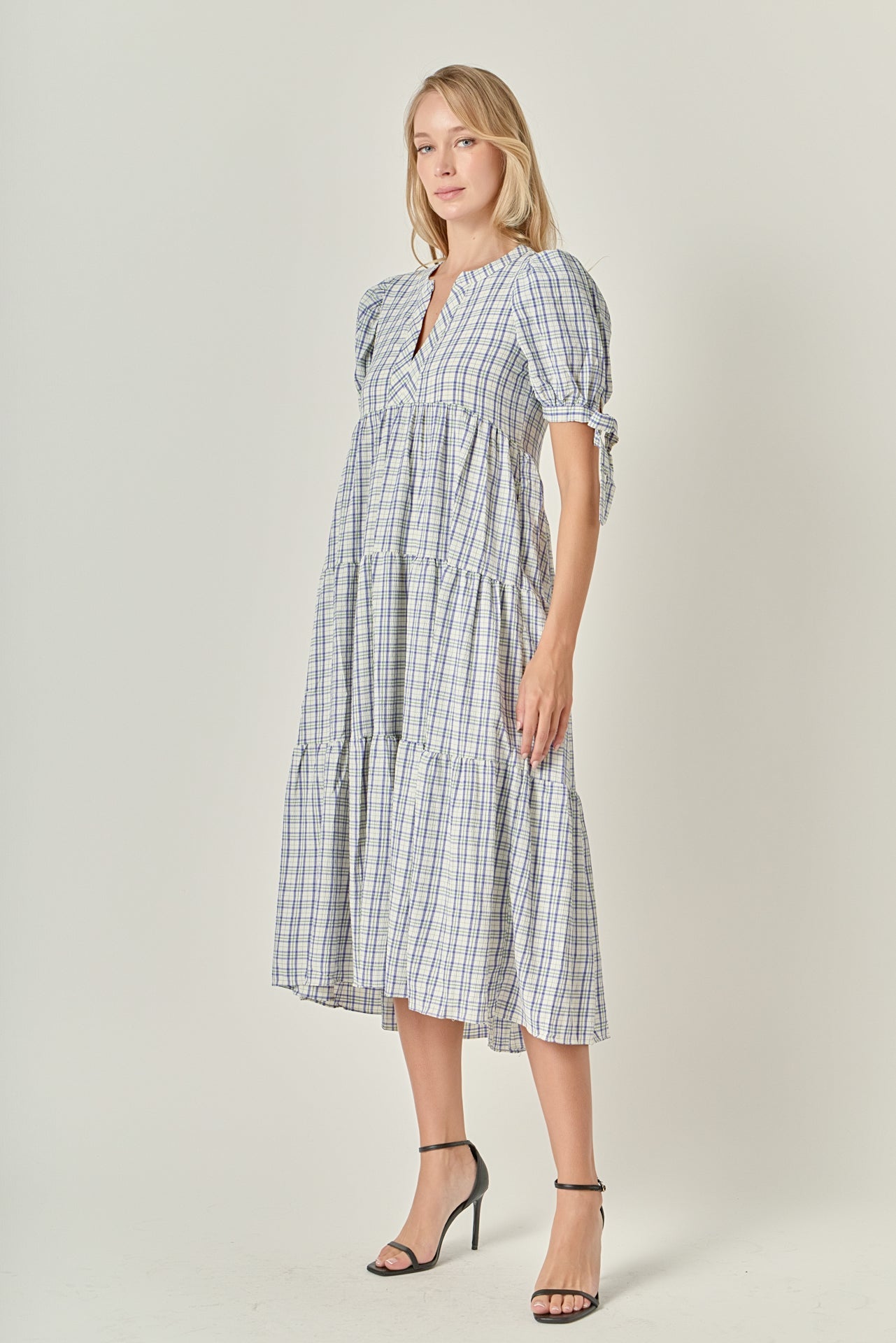 Gingham Tiered Dress with Bow-Tie Sleeves
