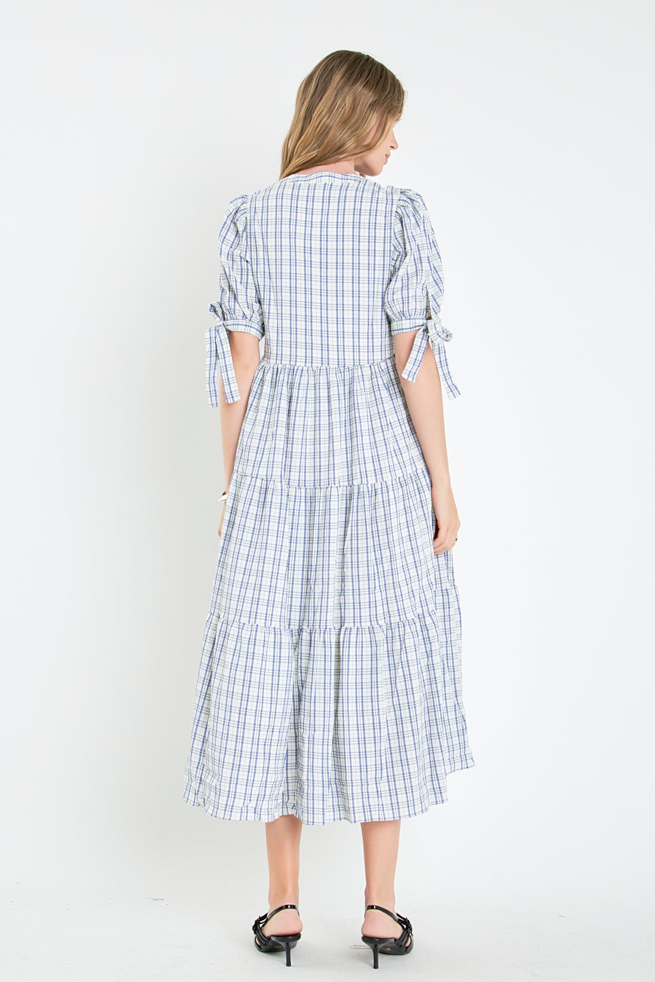 Gingham Tiered Dress with Bow-Tie Sleeves