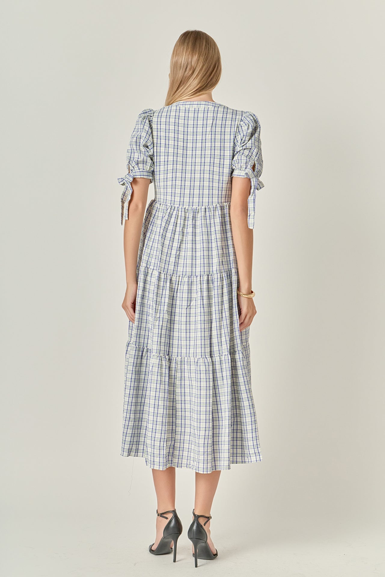 Gingham Tiered Dress with Bow-Tie Sleeves