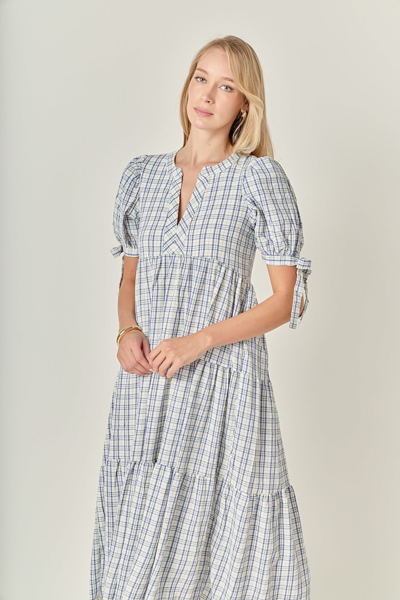 Gingham Tiered Dress with Bow-Tie Sleeves