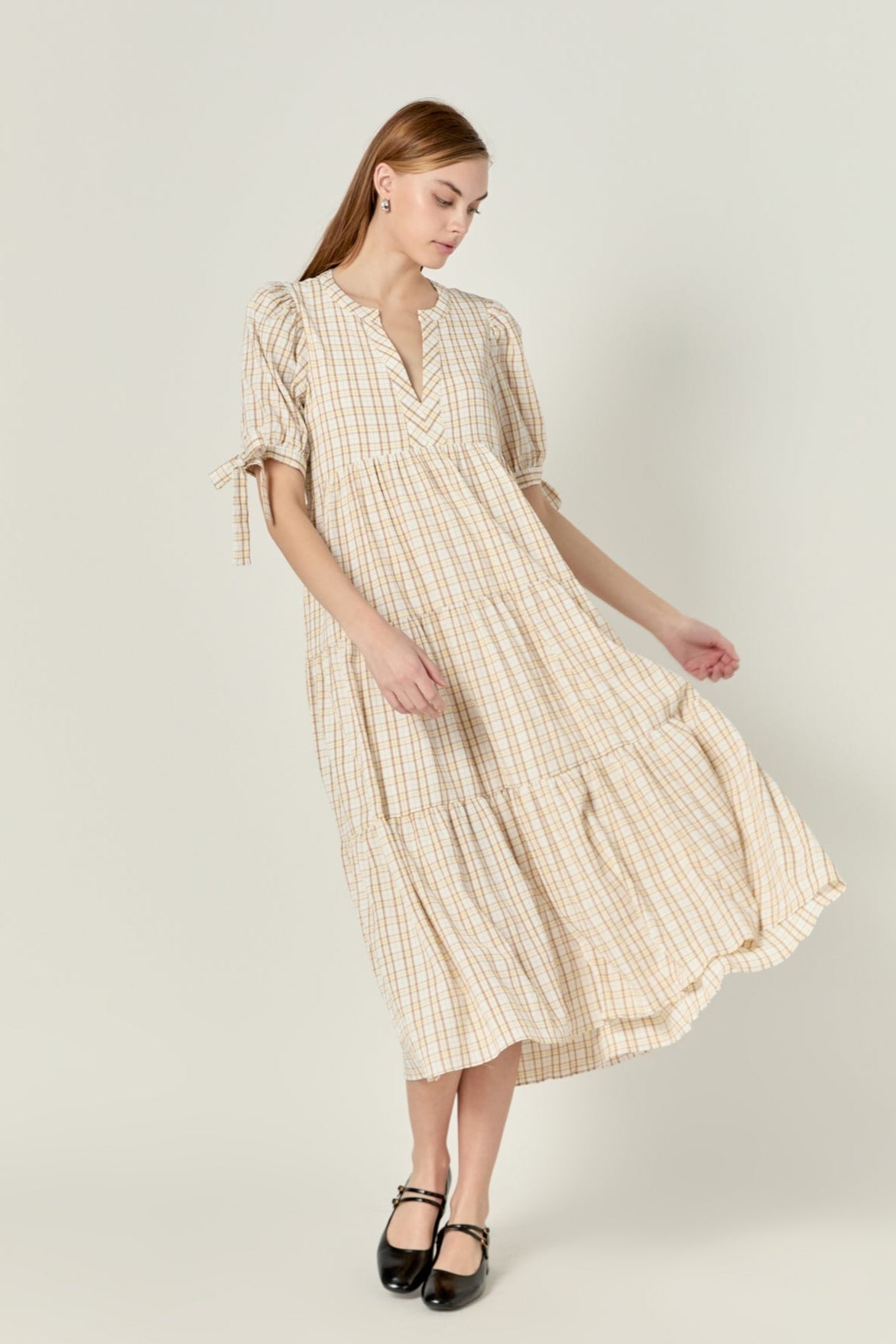 Gingham Tiered Dress with Bow-Tie Sleeves