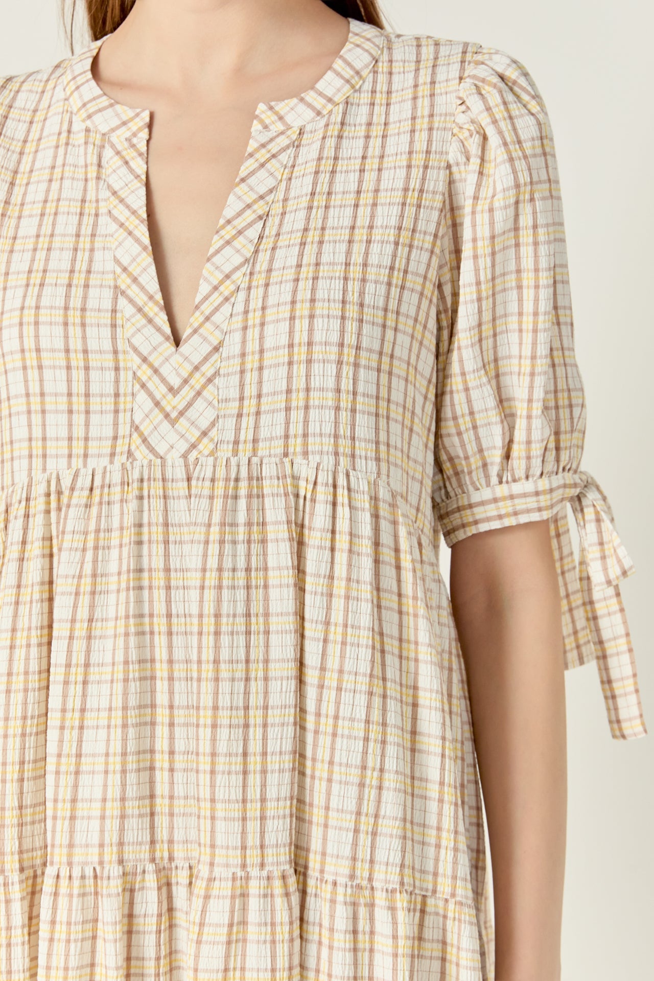 Gingham Tiered Dress with Bow-Tie Sleeves