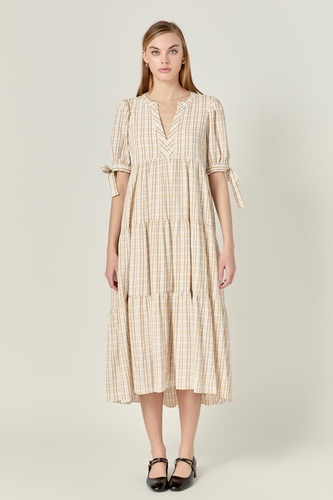 Gingham Tiered Dress with Bow-Tie Sleeves