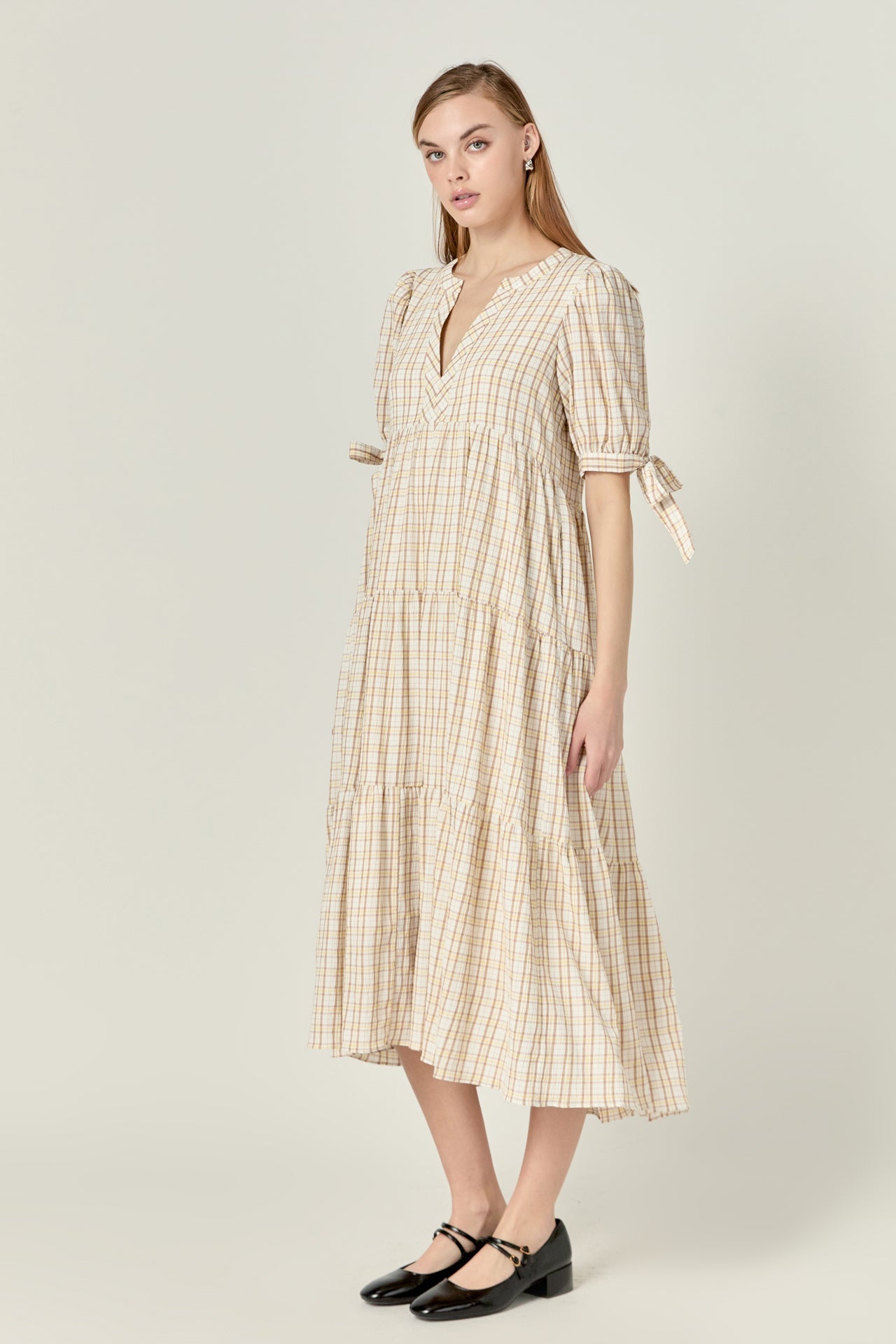 Gingham Tiered Dress with Bow-Tie Sleeves