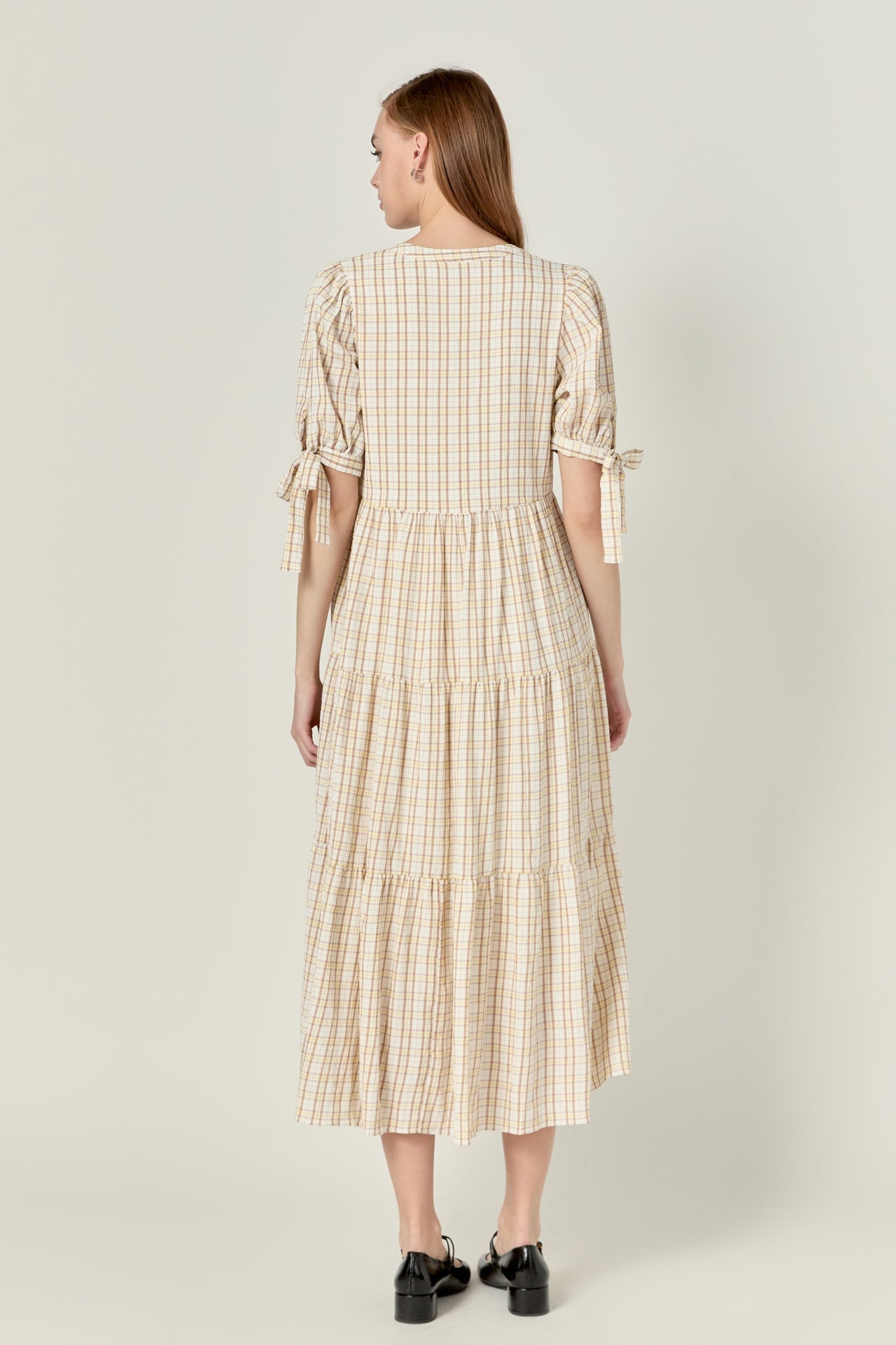 Gingham Tiered Dress with Bow-Tie Sleeves