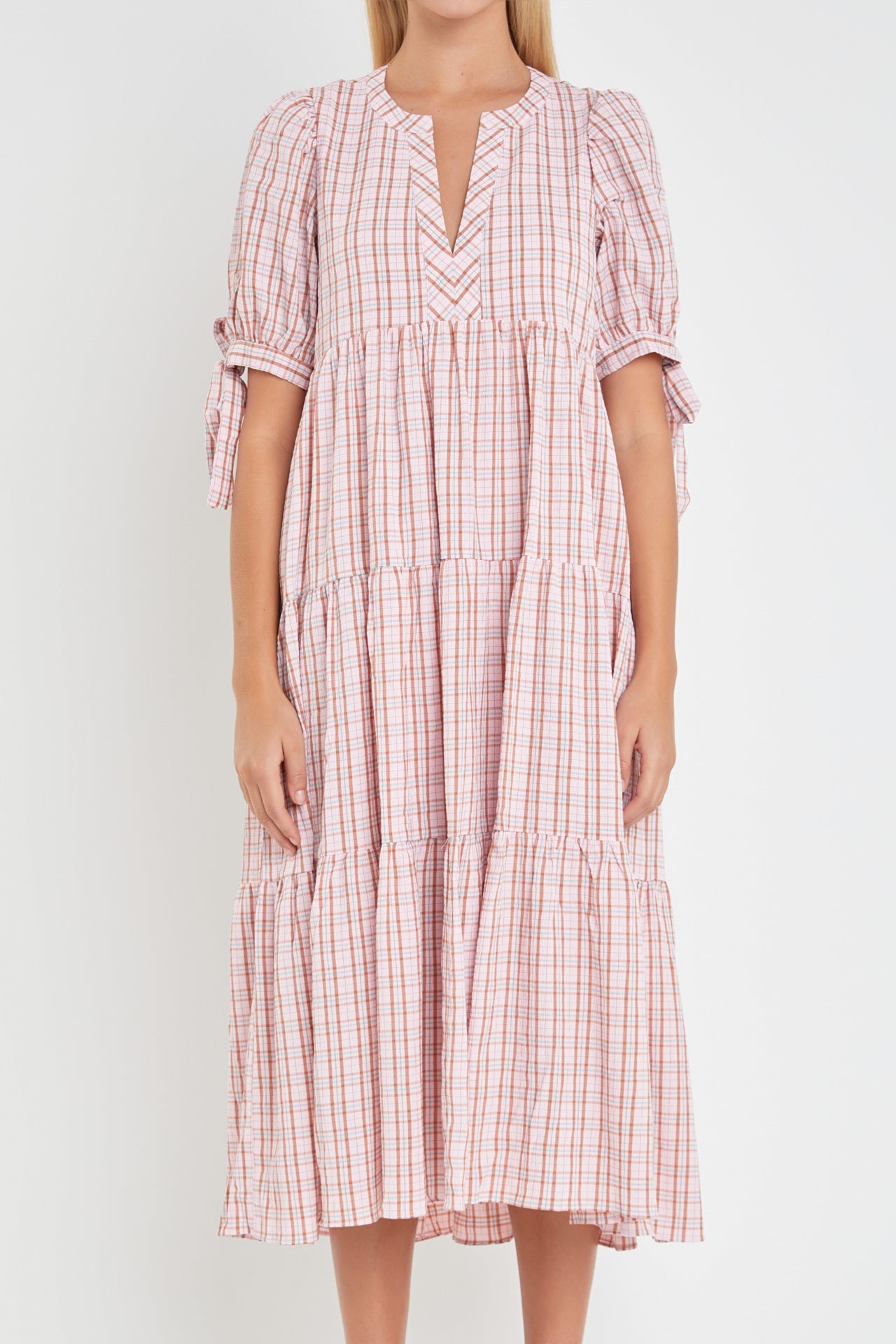 Gingham Tiered Dress with Bow-Tie Sleeves