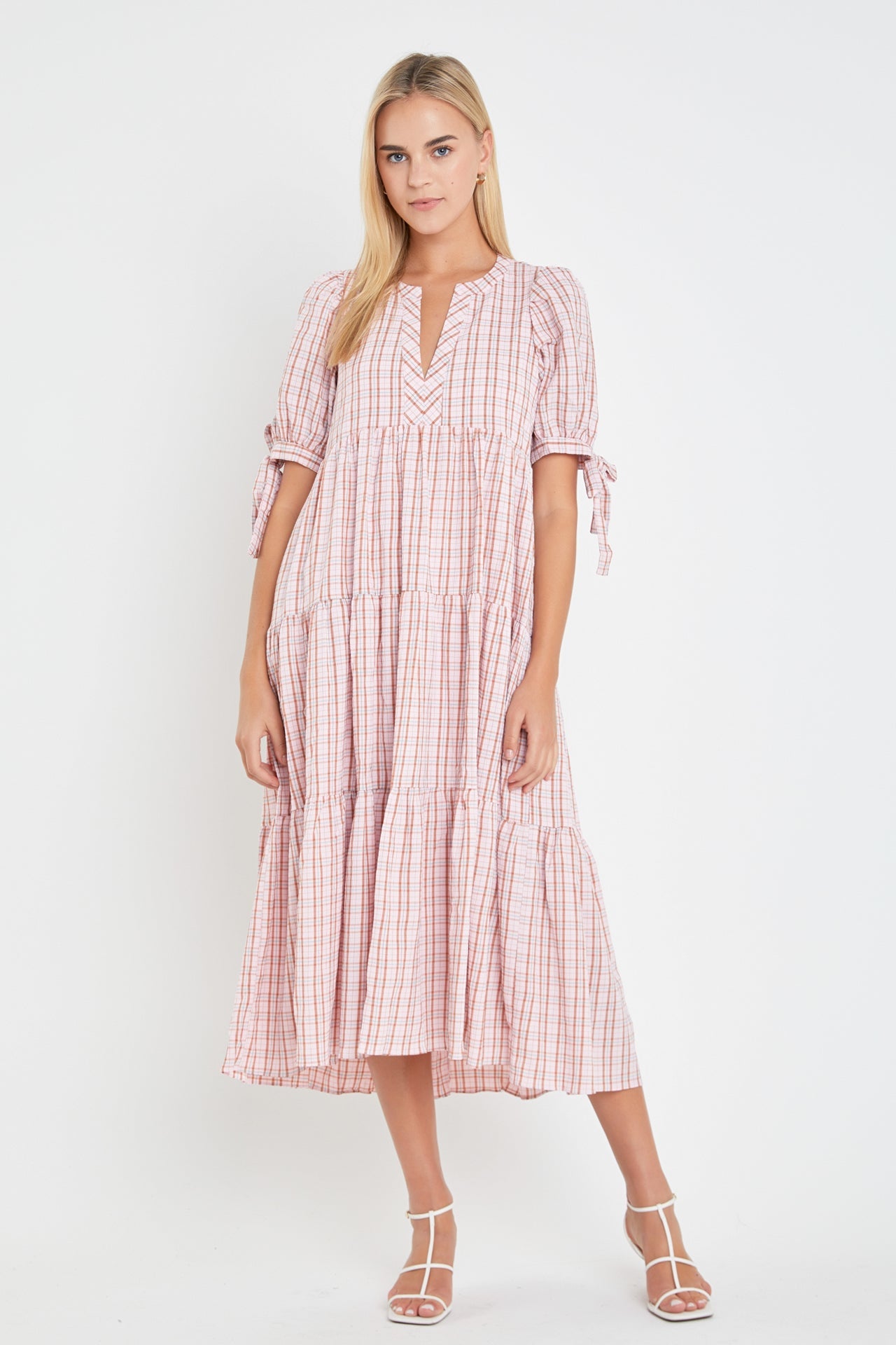 Gingham Tiered Dress with Bow-Tie Sleeves
