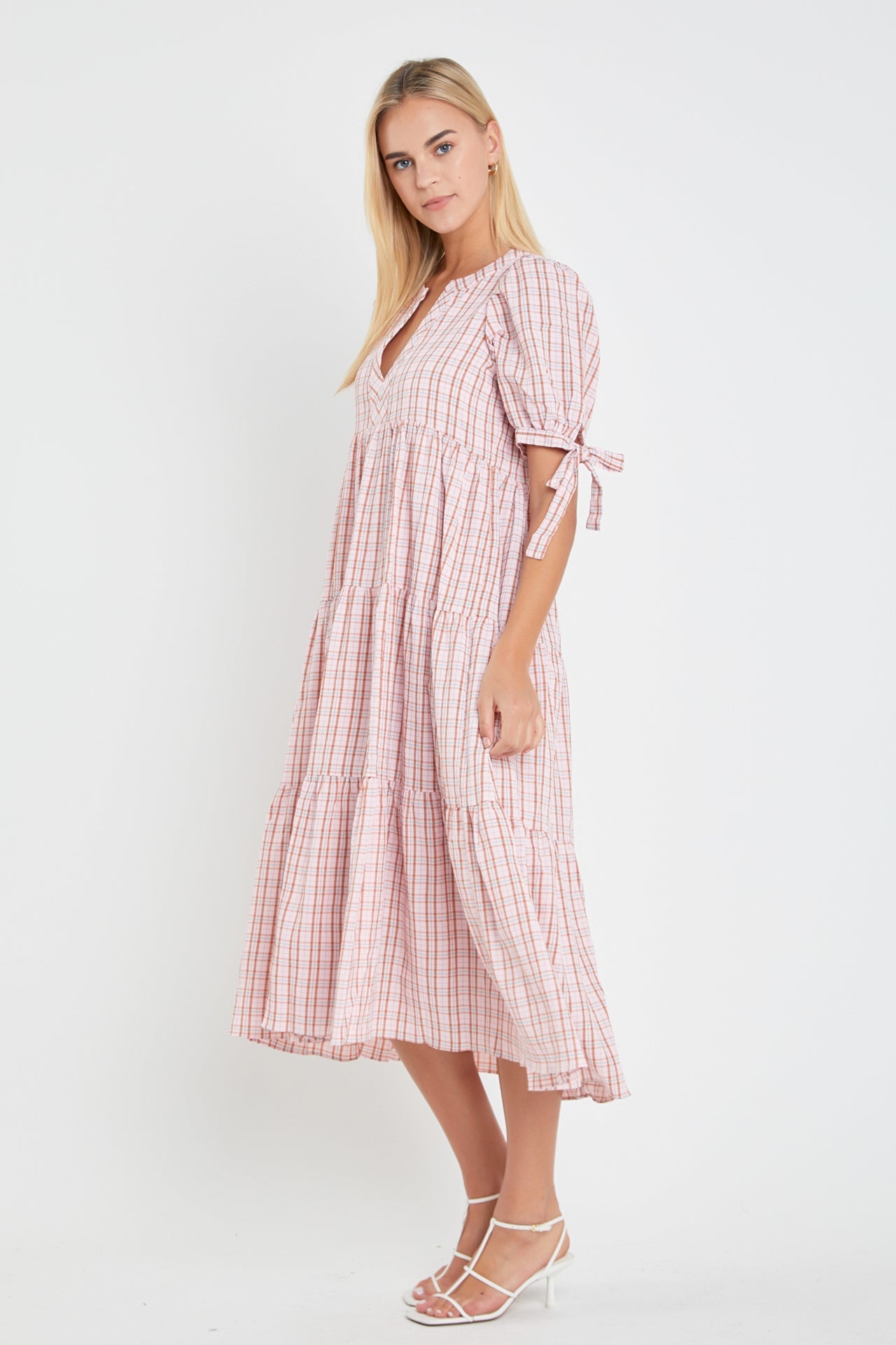 Gingham Tiered Dress with Bow-Tie Sleeves