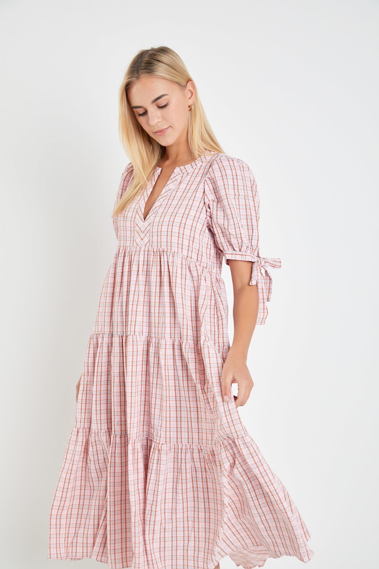 Gingham Tiered Dress with Bow-Tie Sleeves