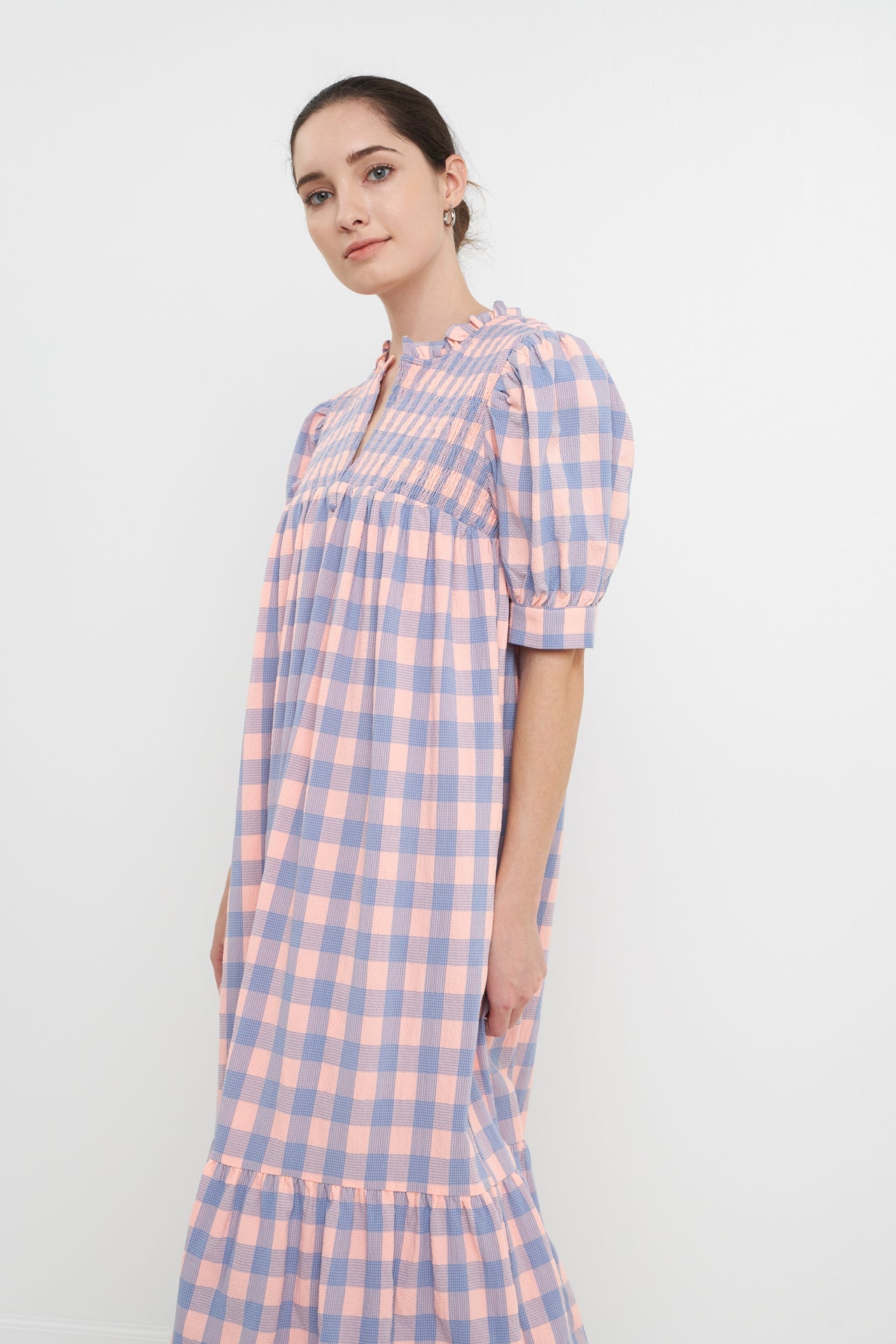 ENGLISH FACTORY - Gingham Textured Smocked Yoke Midi Dress - DRESSES available at Objectrare