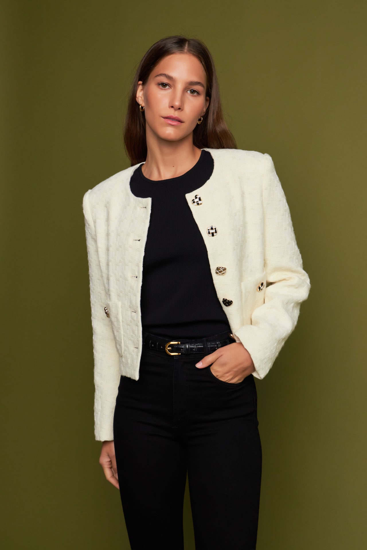 ENGLISH FACTORY - Premium Houndstooth Cropped Jacket - JACKETS available at Objectrare
