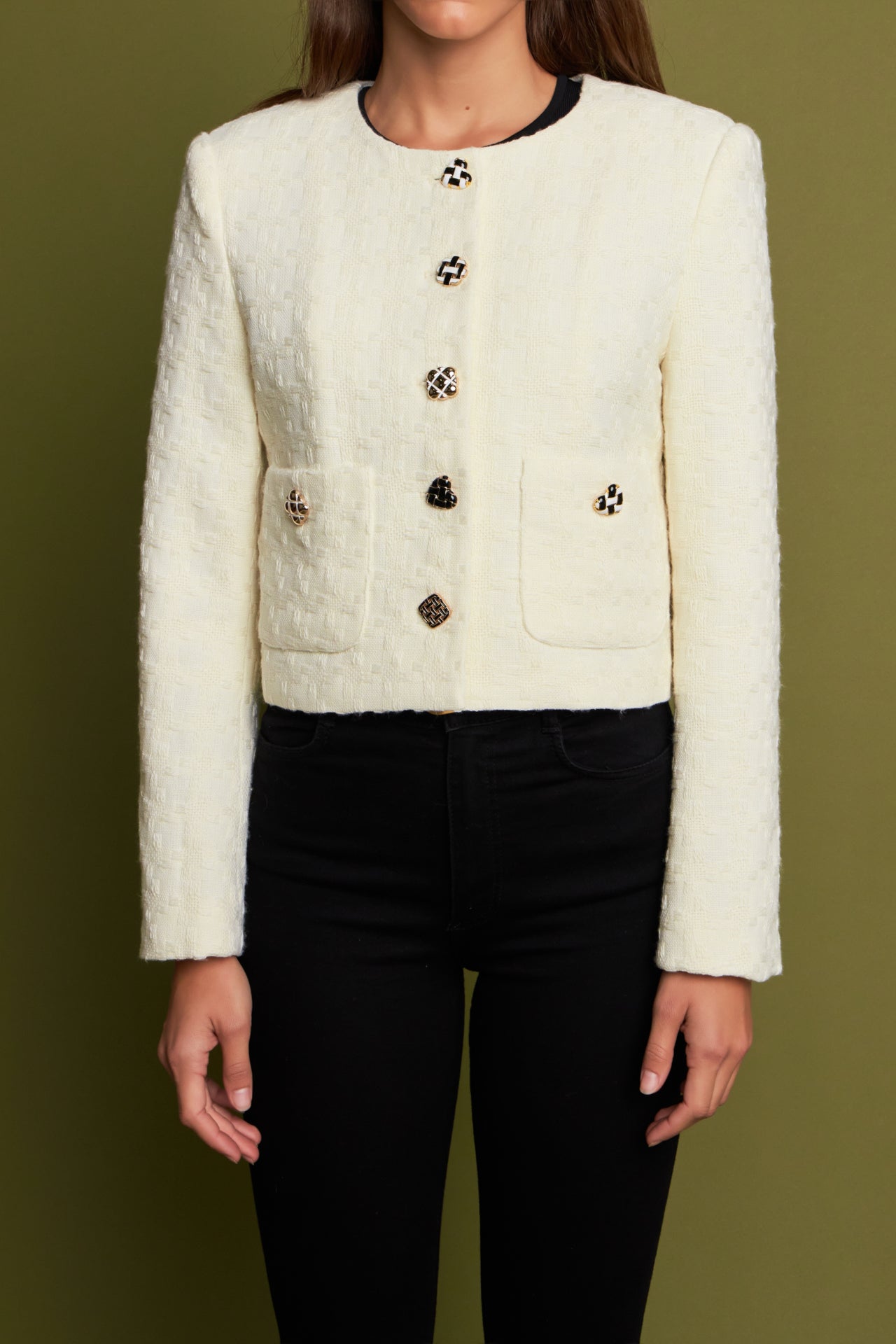 ENGLISH FACTORY - Premium Houndstooth Cropped Jacket - JACKETS available at Objectrare