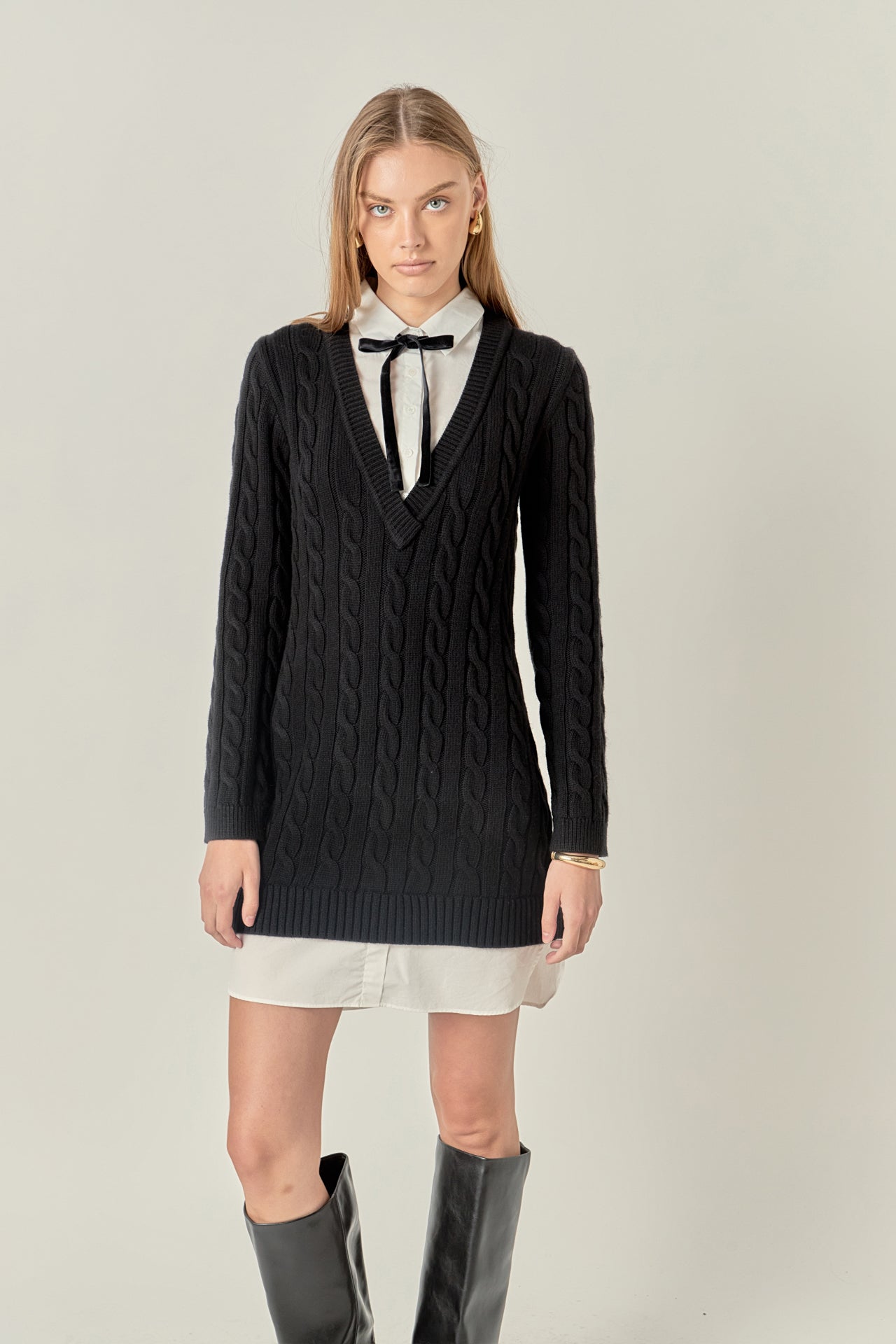 ENGLISH FACTORY - Mixed Media Cable Knit V-Neck Drop Sweater Dress - SWEATERS & KNITS available at Objectrare
