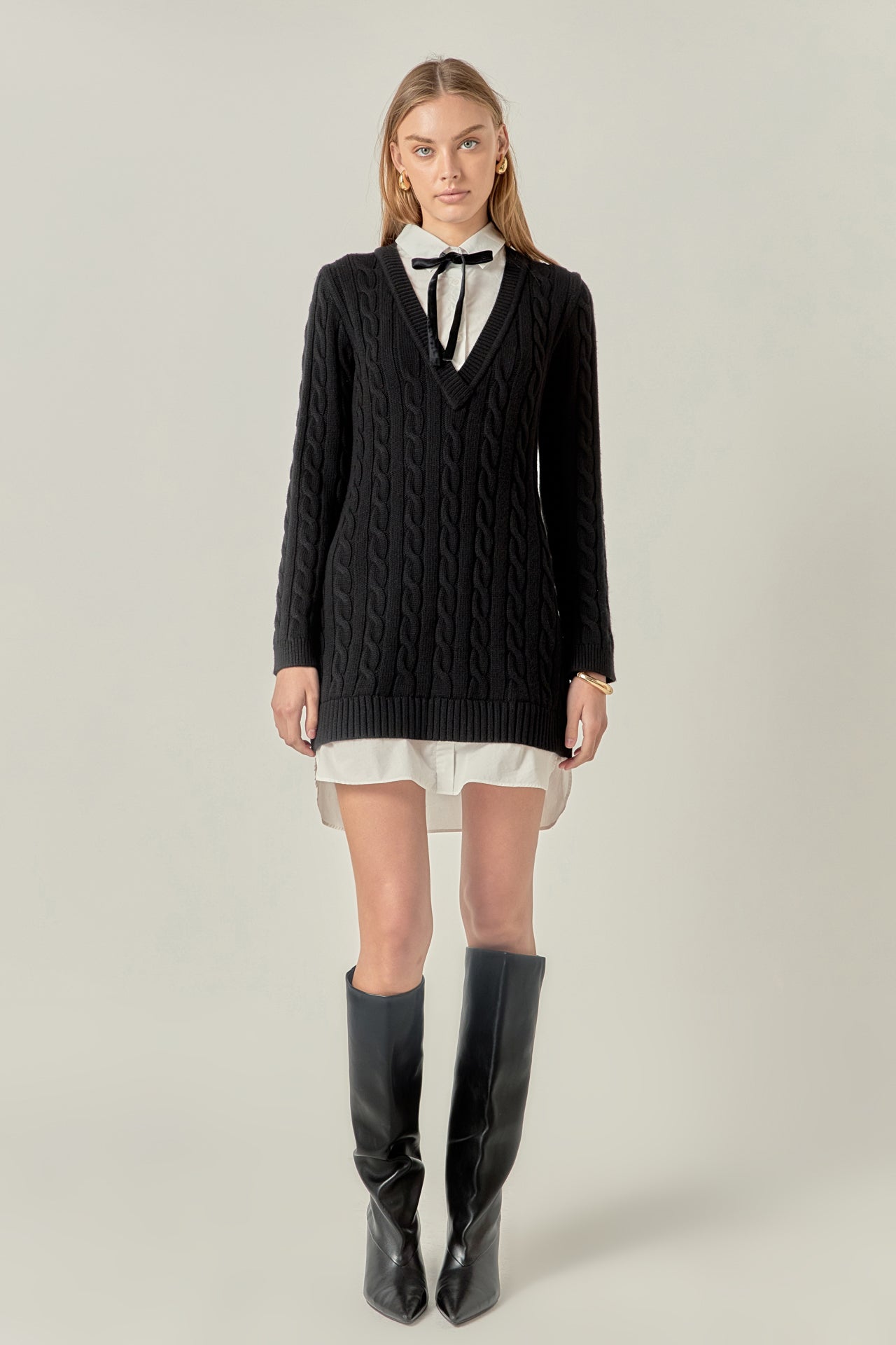 Mixed Media Cable Knit V-Neck Drop Sweater Dress