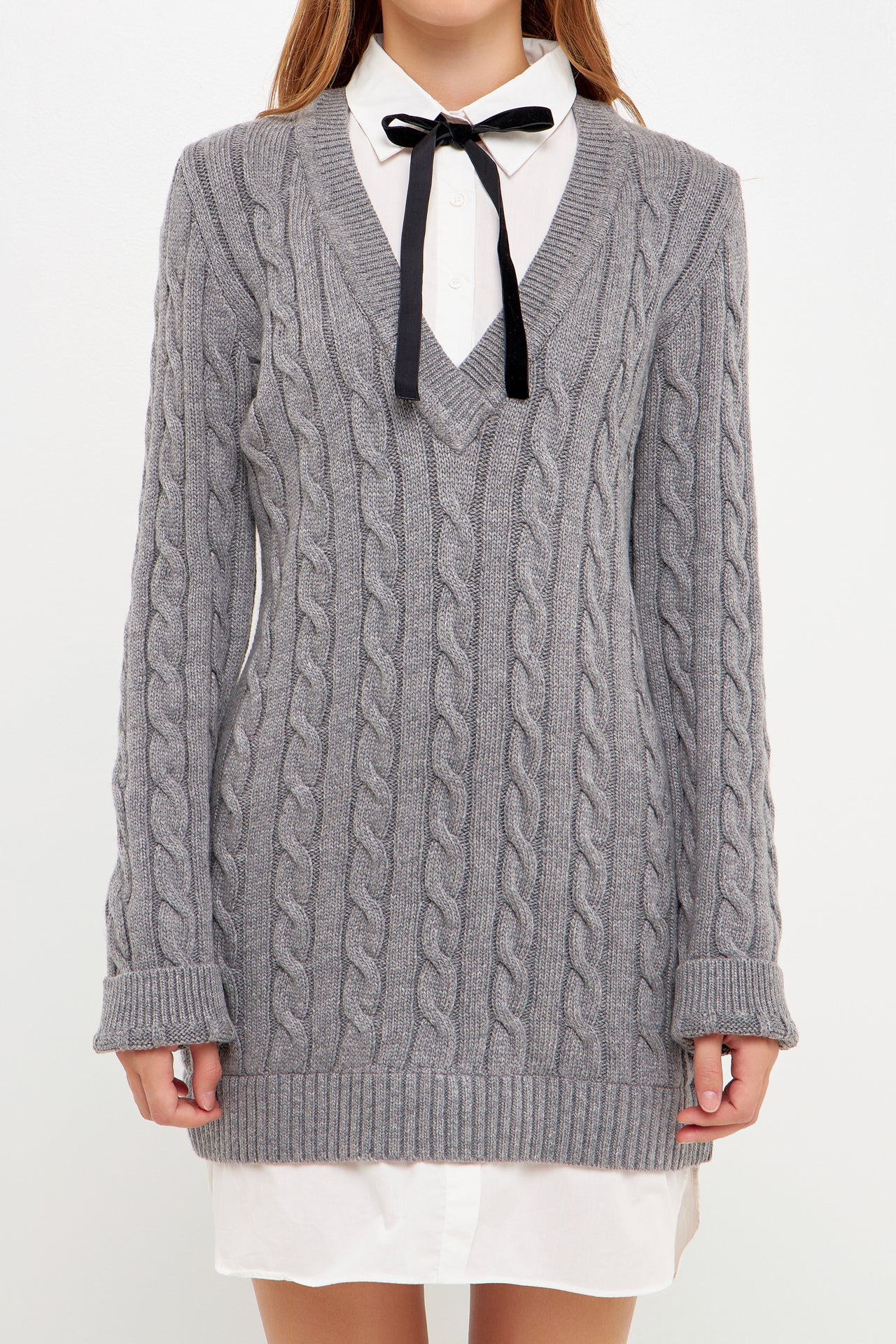 ENGLISH FACTORY - Mixed Media Cable Knit V-Neck Drop Sweater Dress - SWEATERS & KNITS available at Objectrare