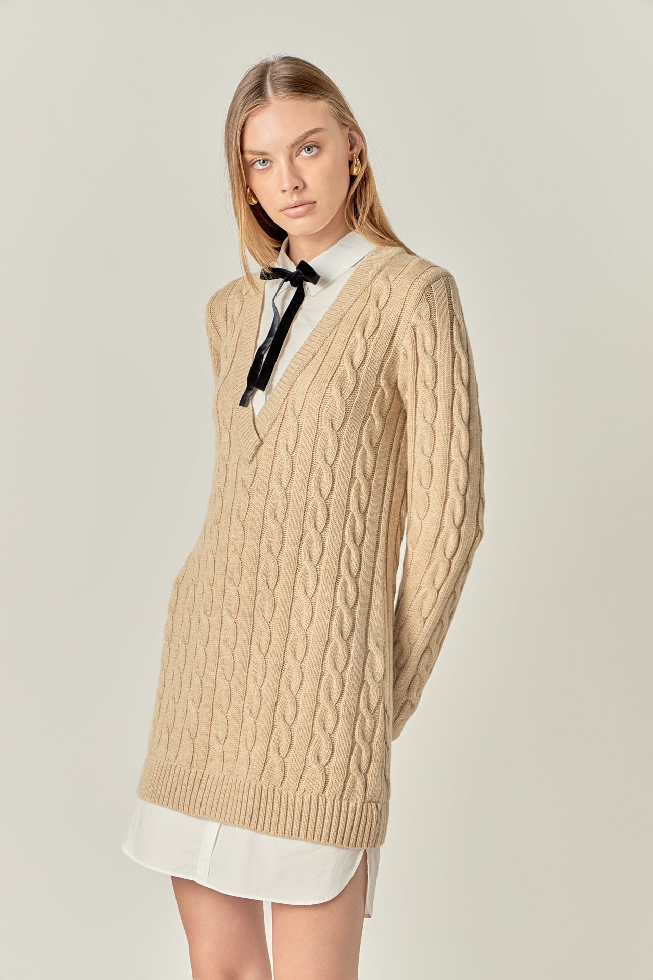 ENGLISH FACTORY - Mixed Media Cable Knit V-Neck Drop Sweater Dress - SWEATERS & KNITS available at Objectrare