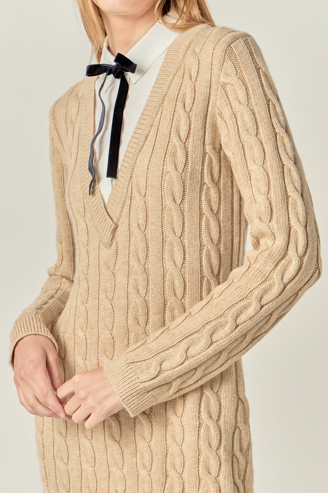 ENGLISH FACTORY - Mixed Media Cable Knit V-Neck Drop Sweater Dress - SWEATERS & KNITS available at Objectrare