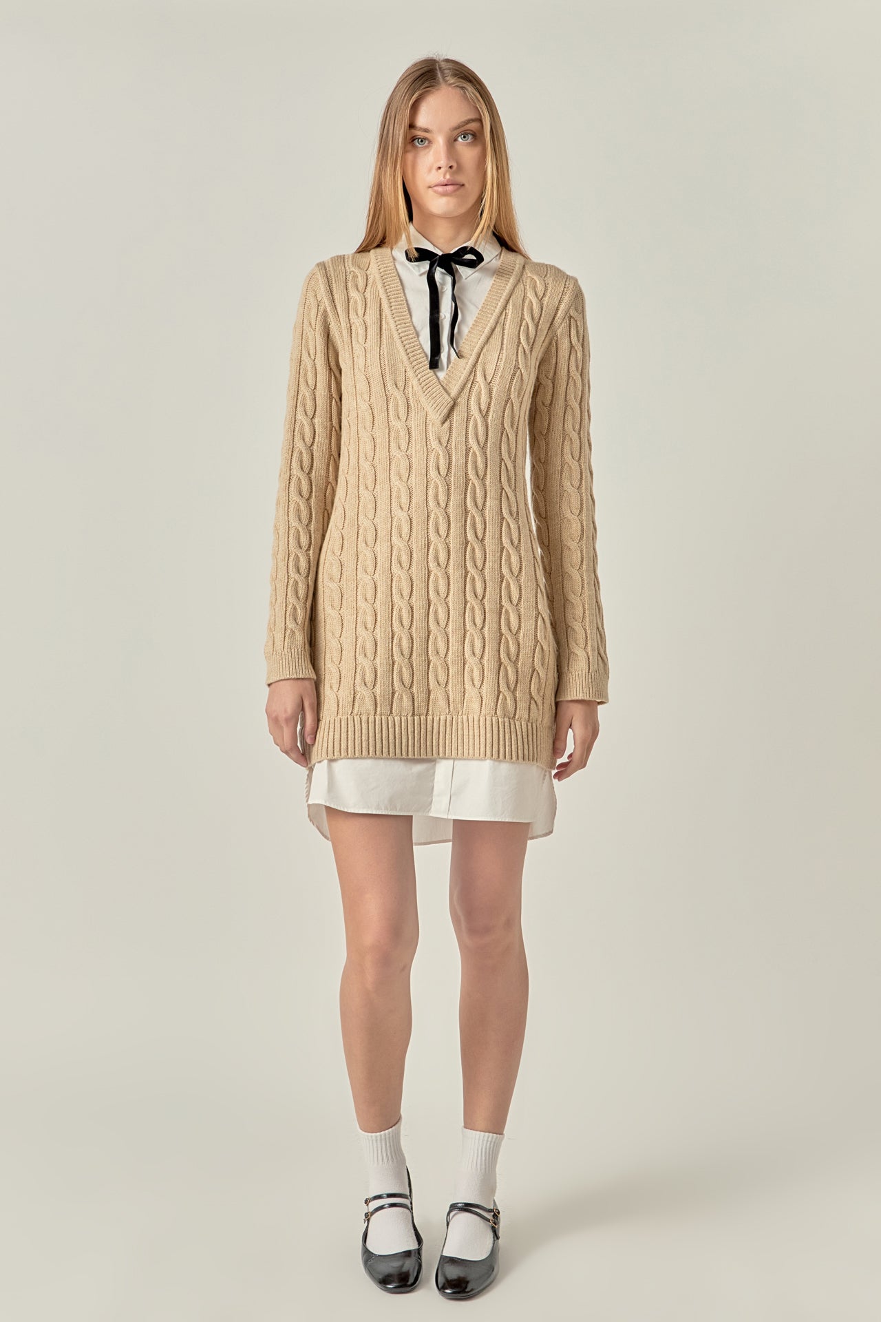 ENGLISH FACTORY - Mixed Media Cable Knit V-Neck Drop Sweater Dress - SWEATERS & KNITS available at Objectrare