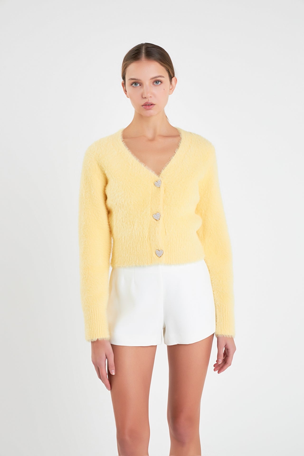 ENGLISH FACTORY - Feathered Plush Heart Buttoned Cardigan - SWEATERS & KNITS available at Objectrare