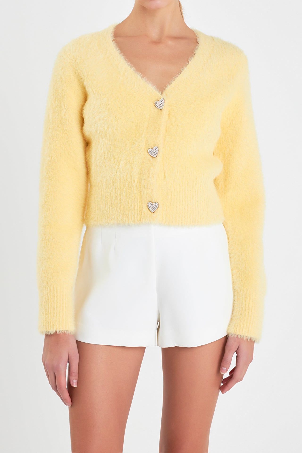 ENGLISH FACTORY - Feathered Plush Heart Buttoned Cardigan - SWEATERS & KNITS available at Objectrare