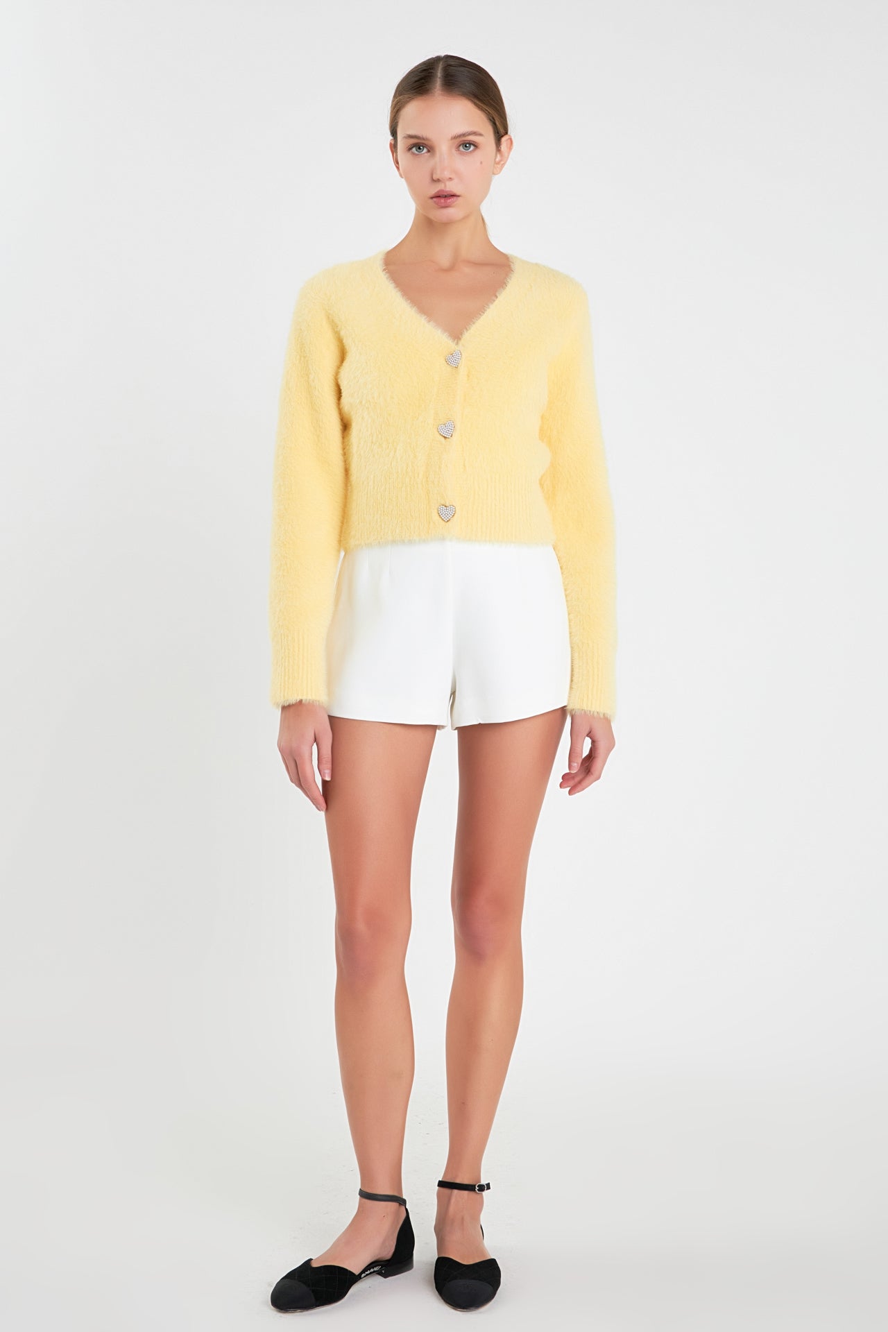ENGLISH FACTORY - Feathered Plush Heart Buttoned Cardigan - SWEATERS & KNITS available at Objectrare