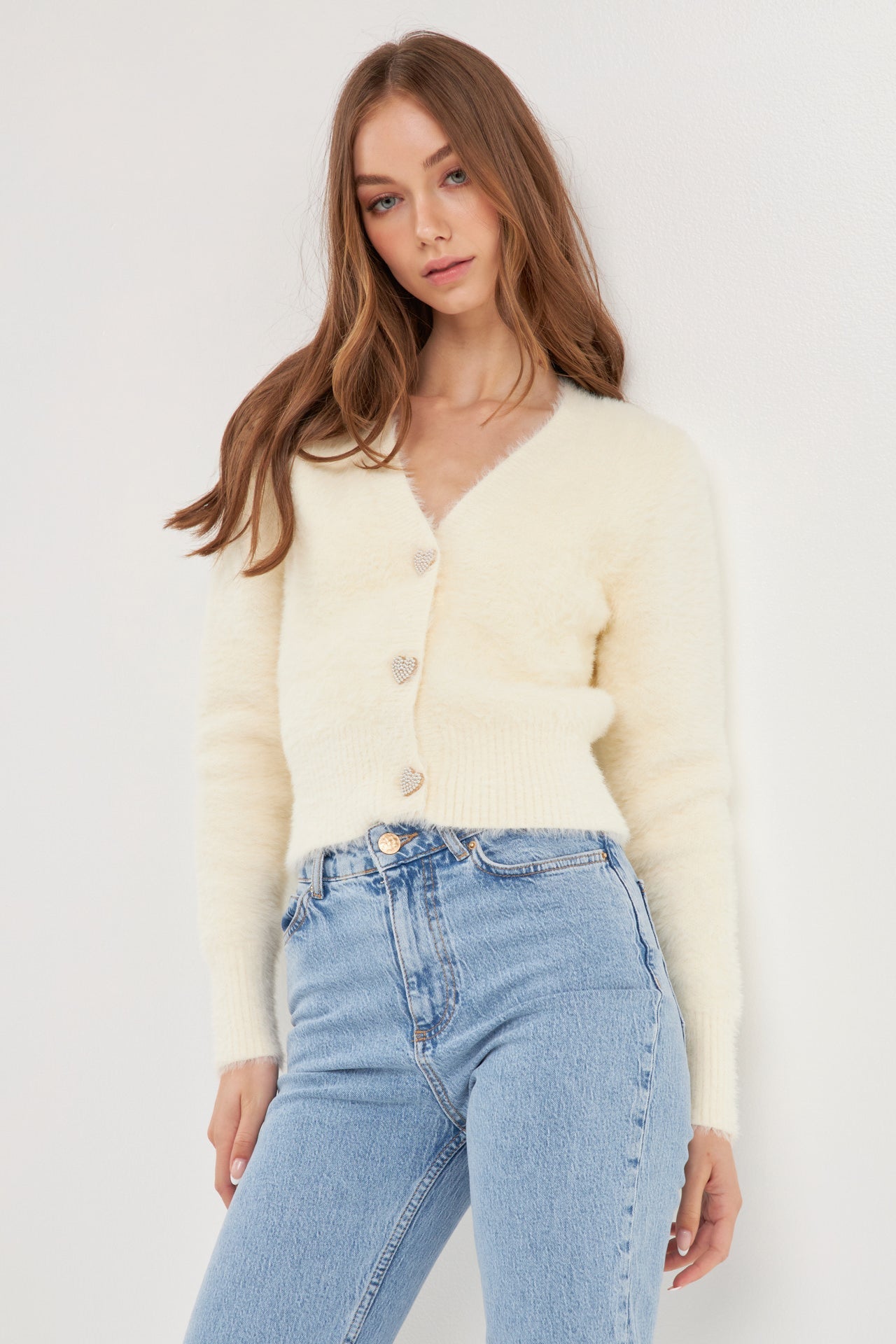 ENGLISH FACTORY - Feathered Plush Heart Buttoned Cardigan - SWEATERS & KNITS available at Objectrare
