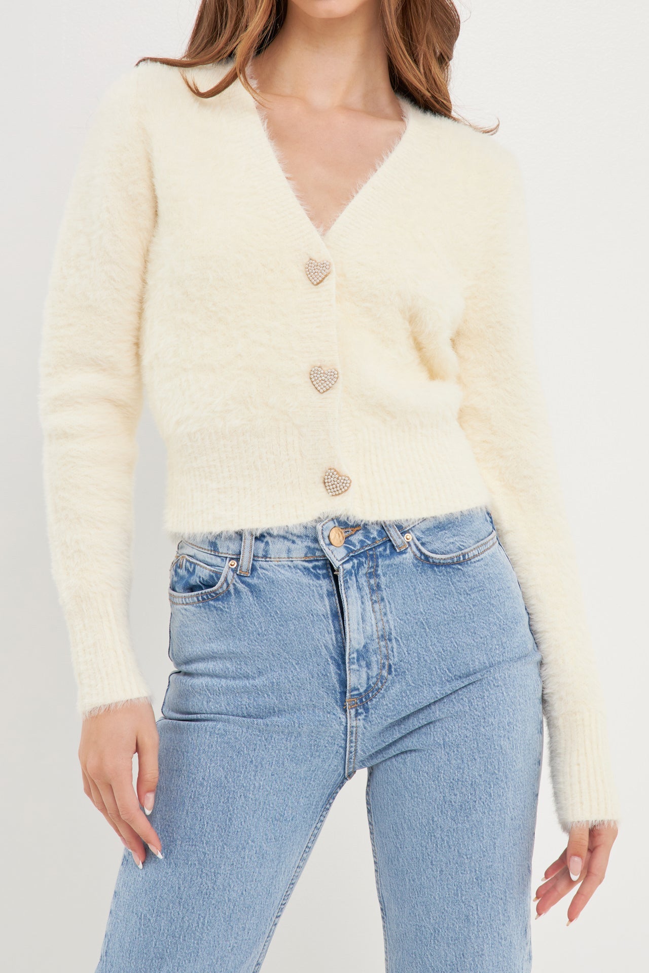 ENGLISH FACTORY - Feathered Plush Heart Buttoned Cardigan - SWEATERS & KNITS available at Objectrare